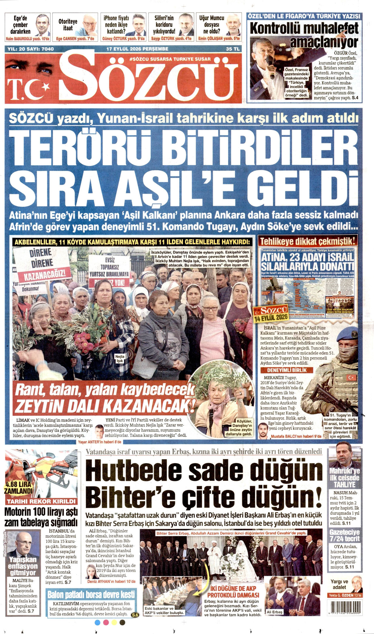 SÖZCÜ gazetesinin 17 Eylül 2026 tarihli birinci sayfası