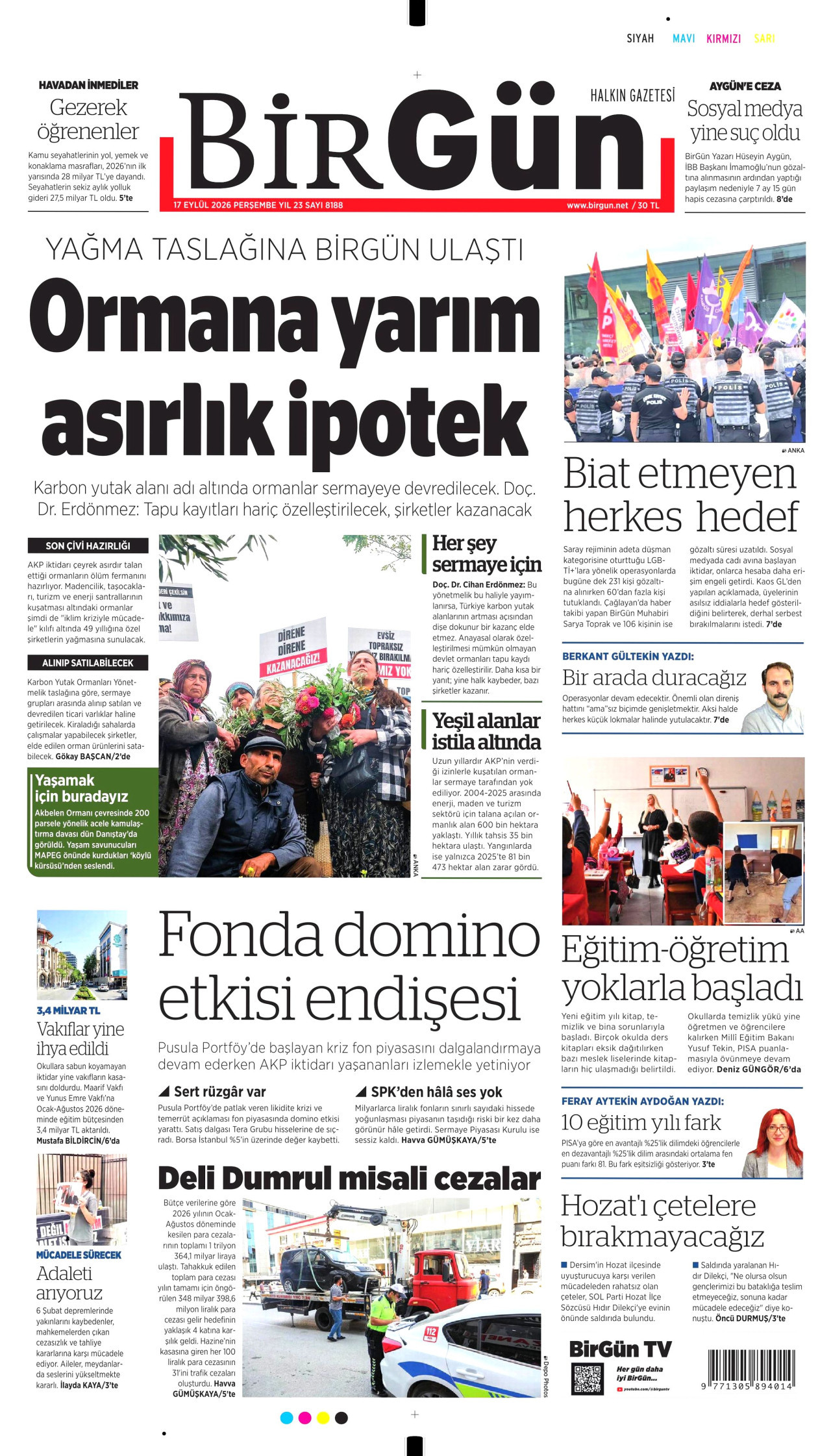 BİRGÜN gazetesinin 17 Eylül 2026 tarihli birinci sayfası