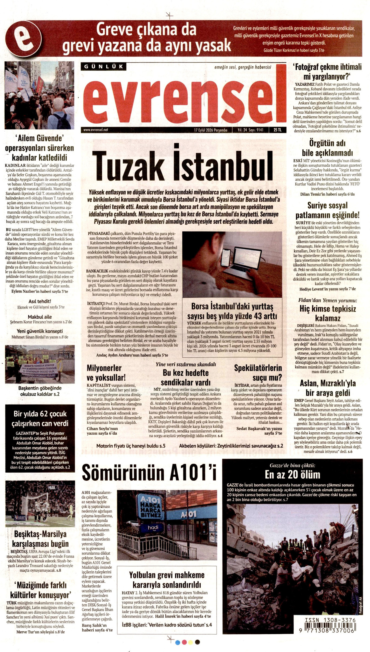 EVRENSEL gazetesinin 17 Eylül 2026 tarihli birinci sayfası