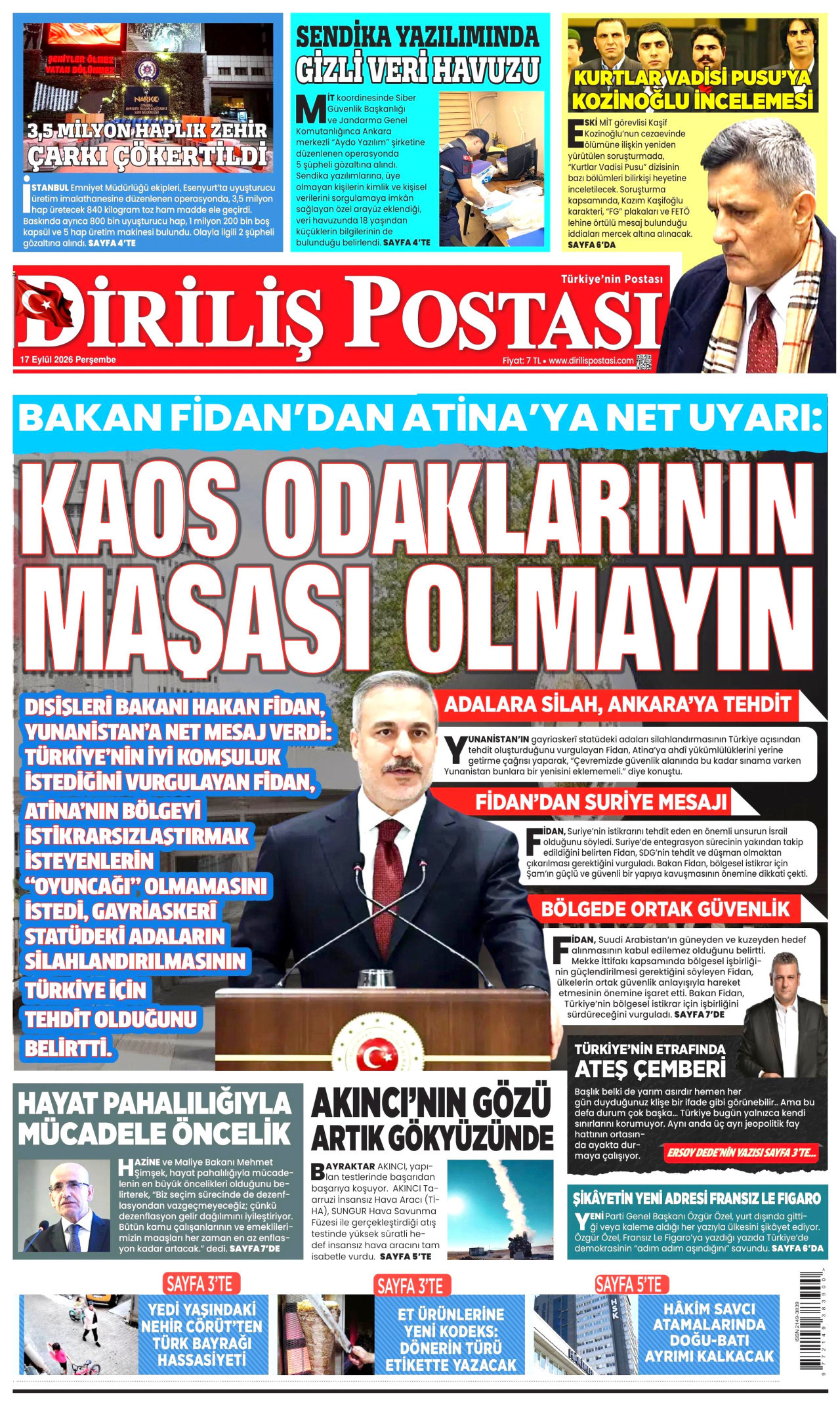 DİRİLİŞ POSTASI gazetesinin 17 Eylül 2026 tarihli birinci sayfası