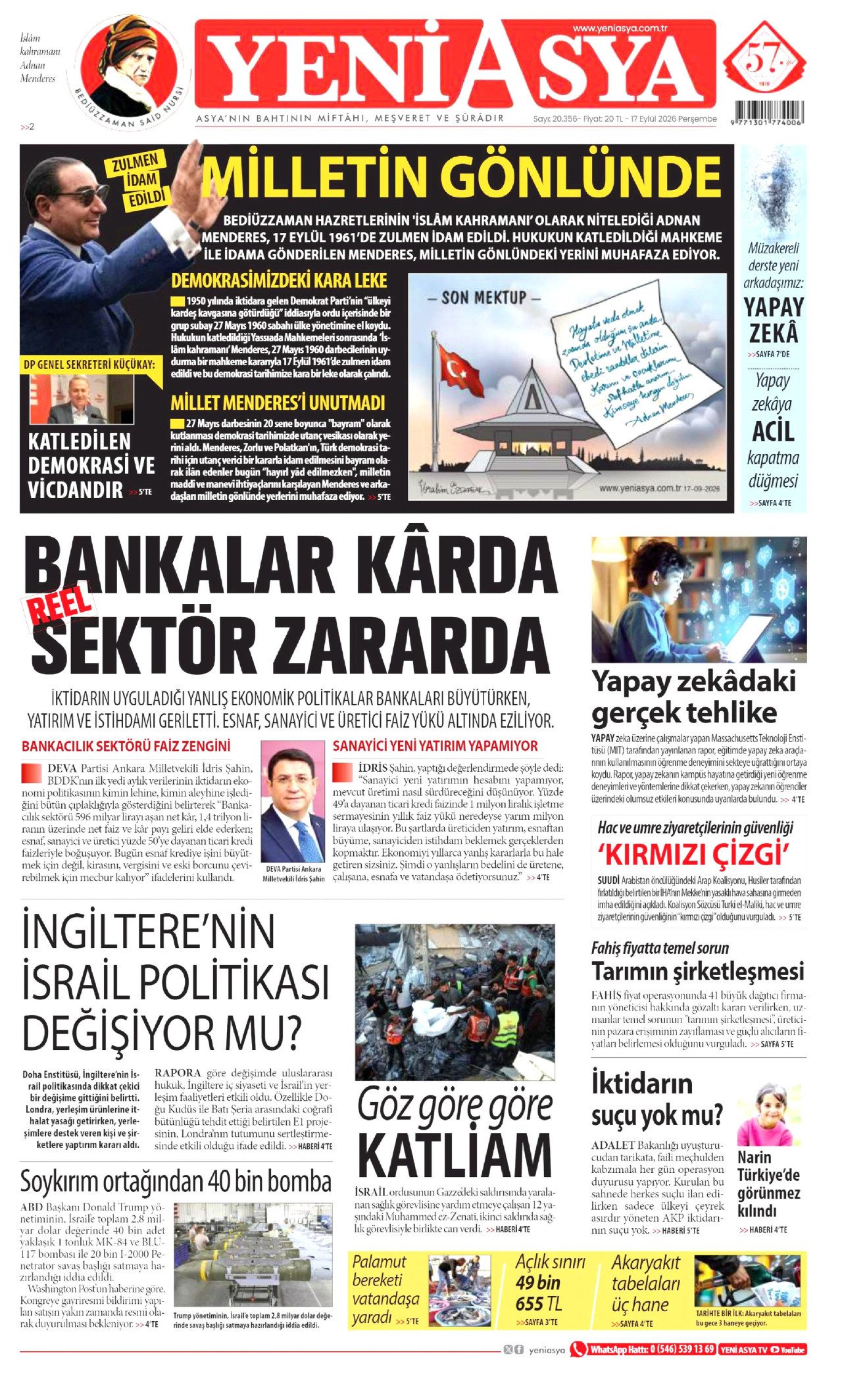 YENİ ASYA gazetesinin 17 Eylül 2026 tarihli birinci sayfası