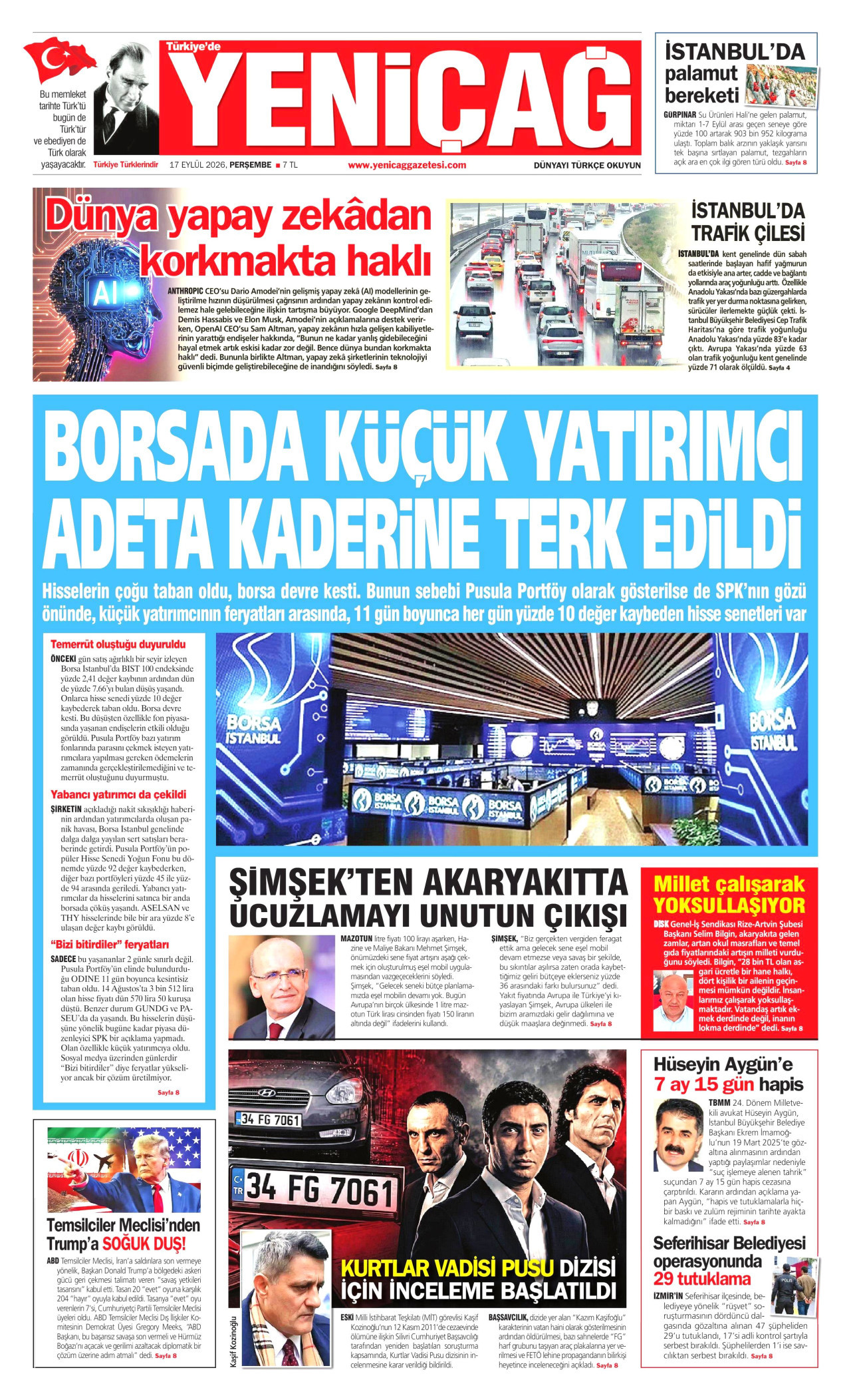 YENİÇAĞ gazetesinin 17 Eylül 2026 tarihli birinci sayfası
