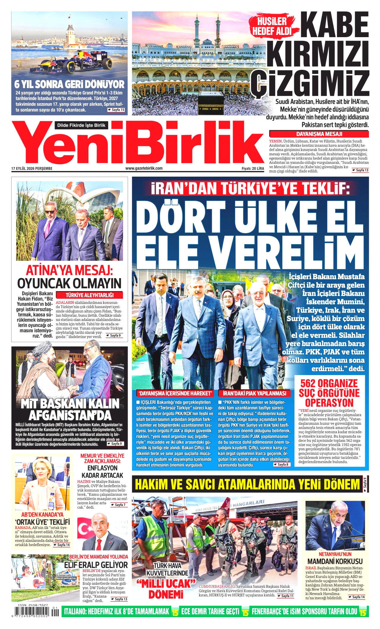 YENİBİRLİK gazetesinin 17 Eylül 2026 tarihli birinci sayfası