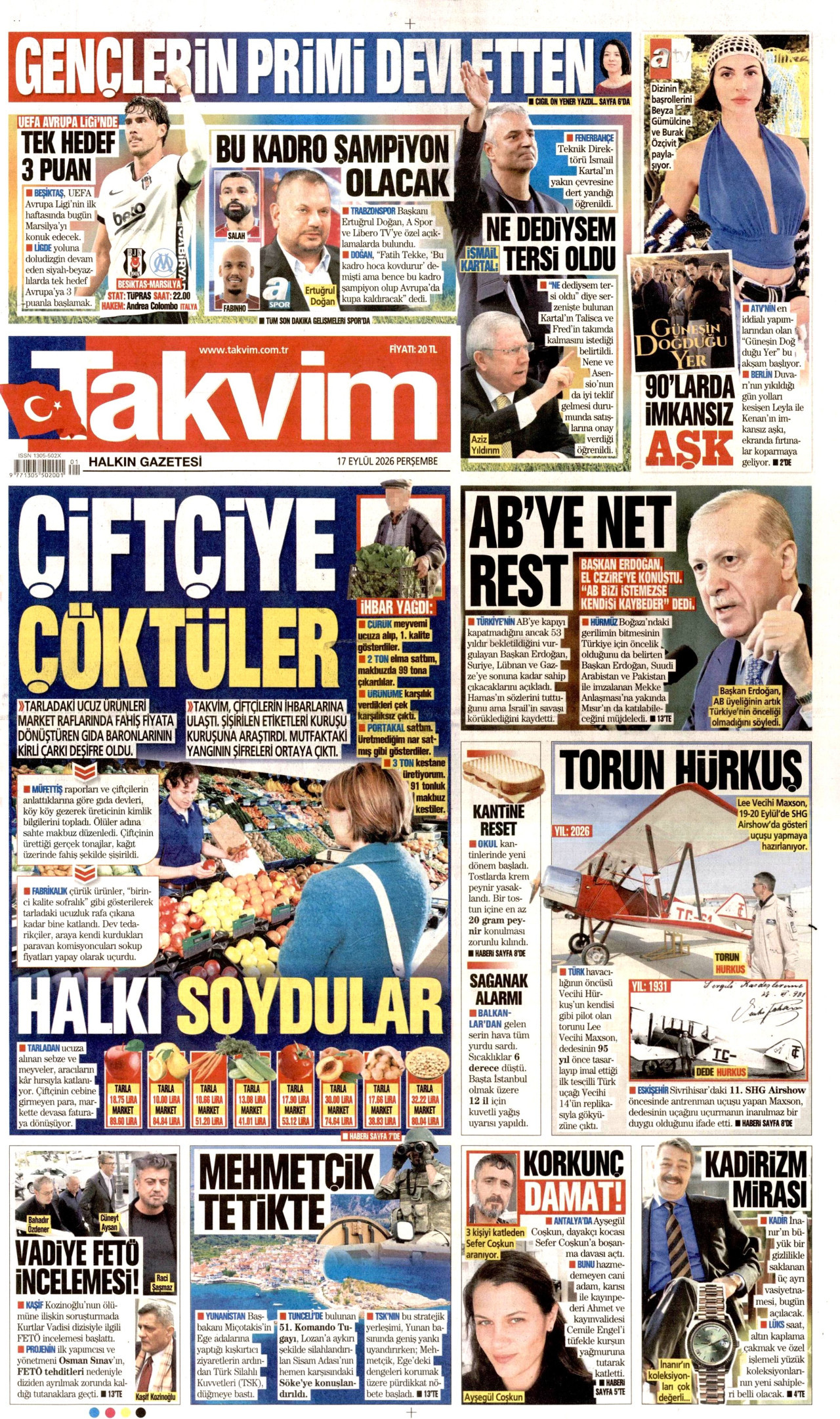 TAKVİM gazetesinin 17 Eylül 2026 tarihli birinci sayfası