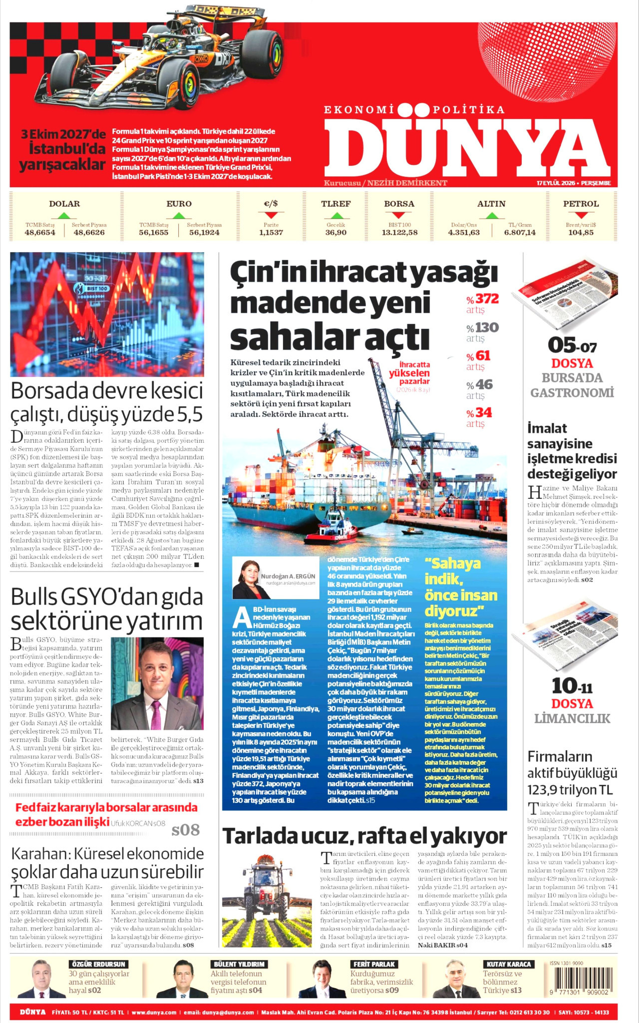 DÜNYA gazetesinin 17 Eylül 2026 tarihli birinci sayfası