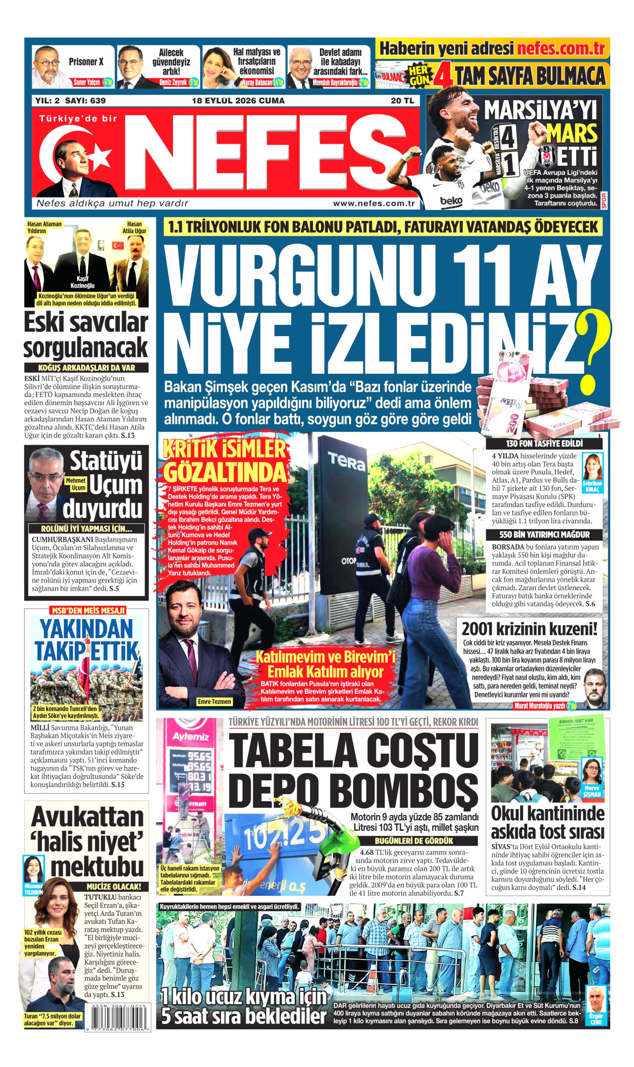 NEFES gazetesinin 18 Eylül 2026 tarihli birinci sayfası