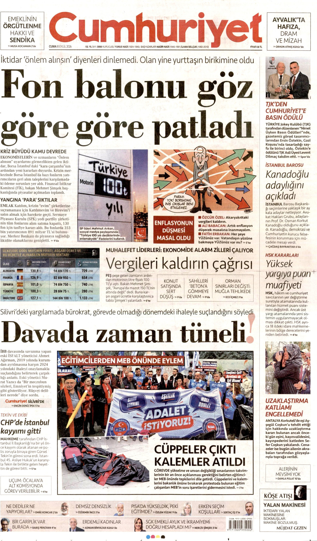 CUMHURİYET gazetesinin 18 Eylül 2026 tarihli birinci sayfası