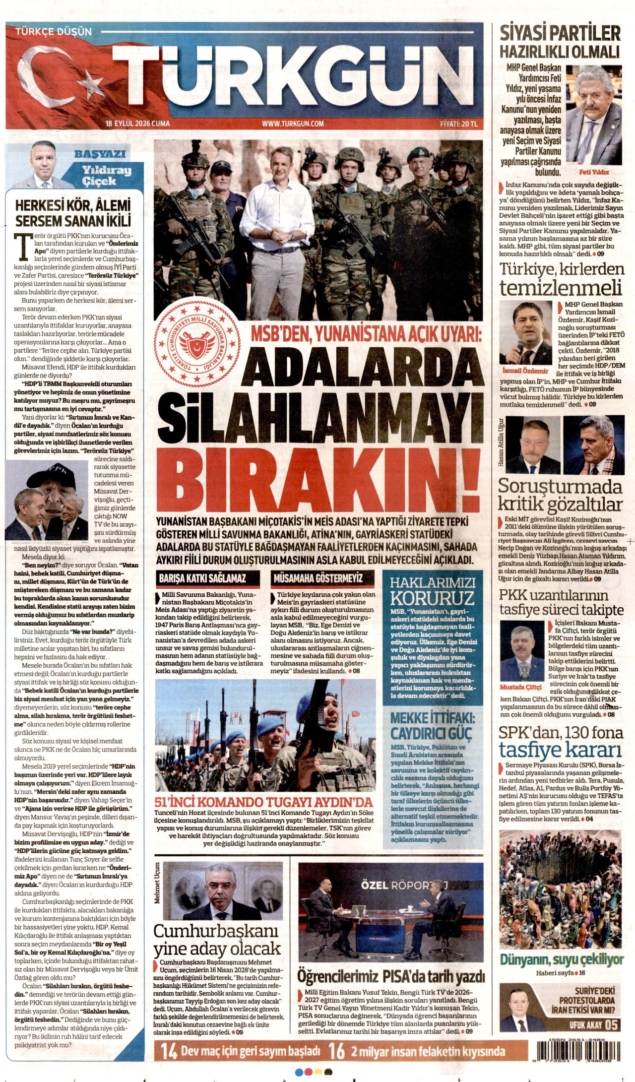 TÜRKGÜN gazetesinin 18 Eylül 2026 tarihli birinci sayfası