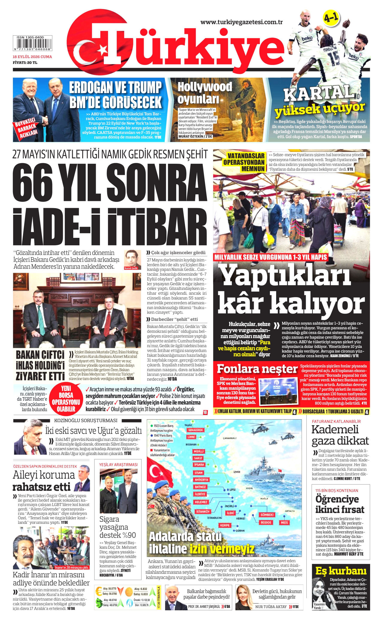TÜRKİYE GAZETESİ gazetesinin 18 Eylül 2026 tarihli birinci sayfası