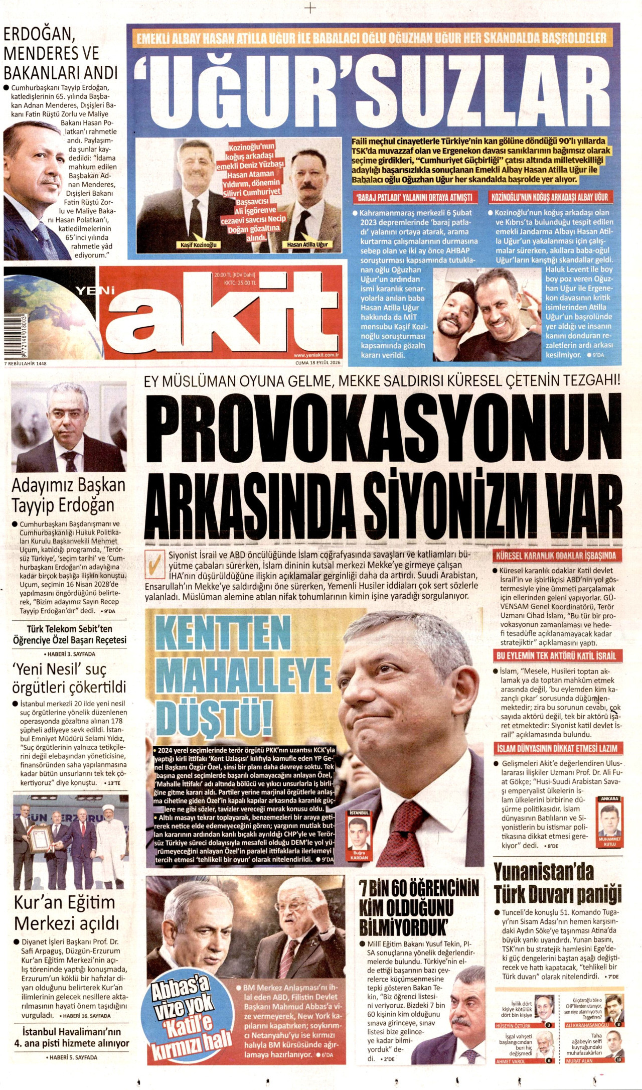 YENİ AKİT gazetesinin 18 Eylül 2026 tarihli birinci sayfası