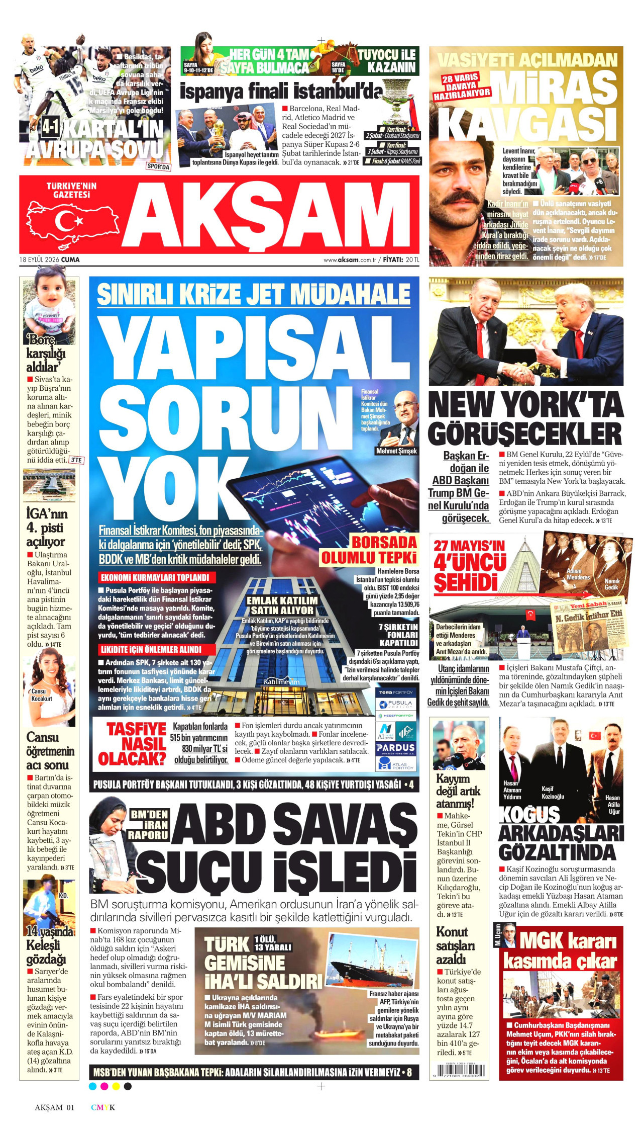 AKŞAM gazetesinin 18 Eylül 2026 tarihli birinci sayfası