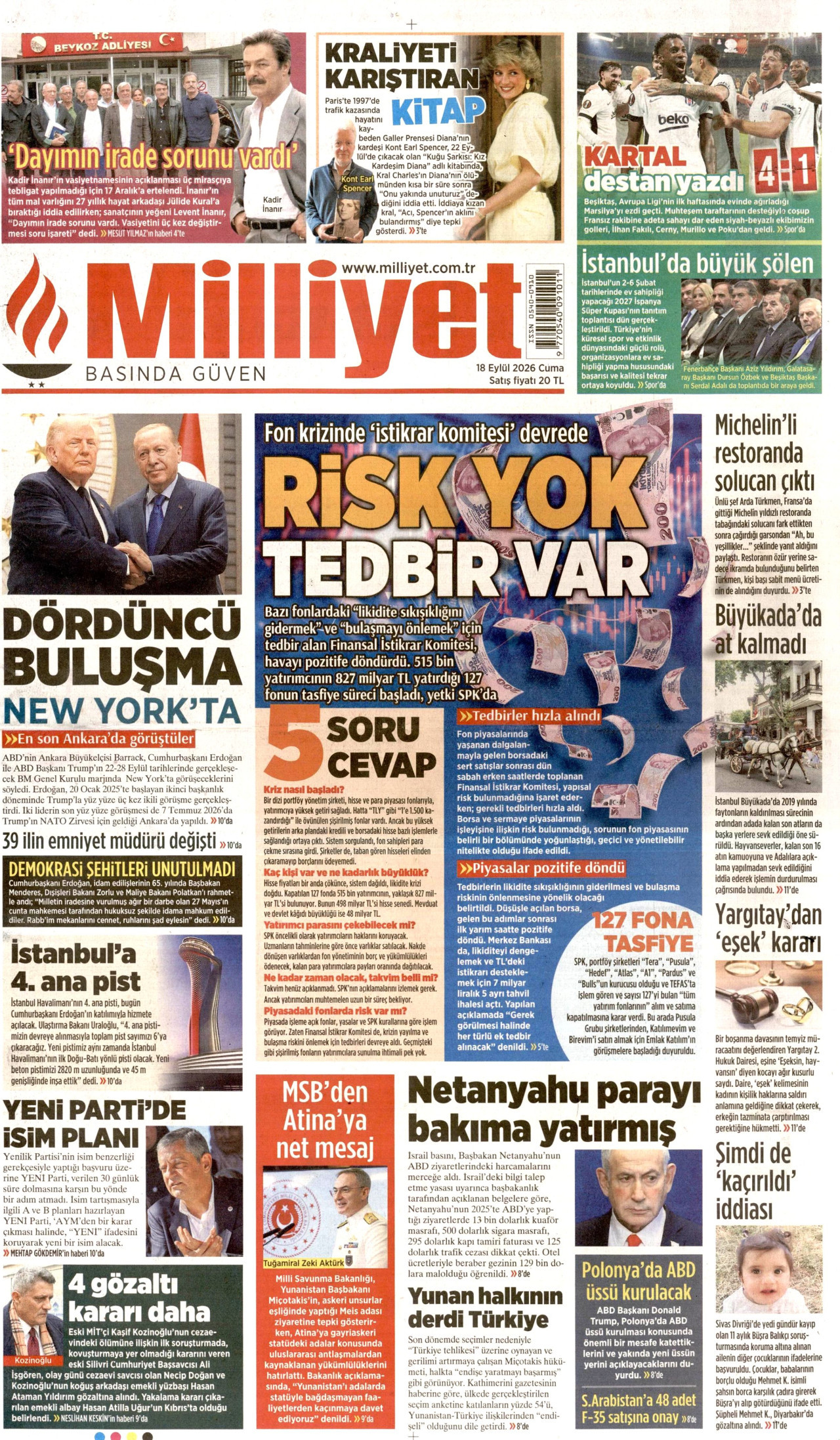 MİLLİYET gazetesinin 18 Eylül 2026 tarihli birinci sayfası