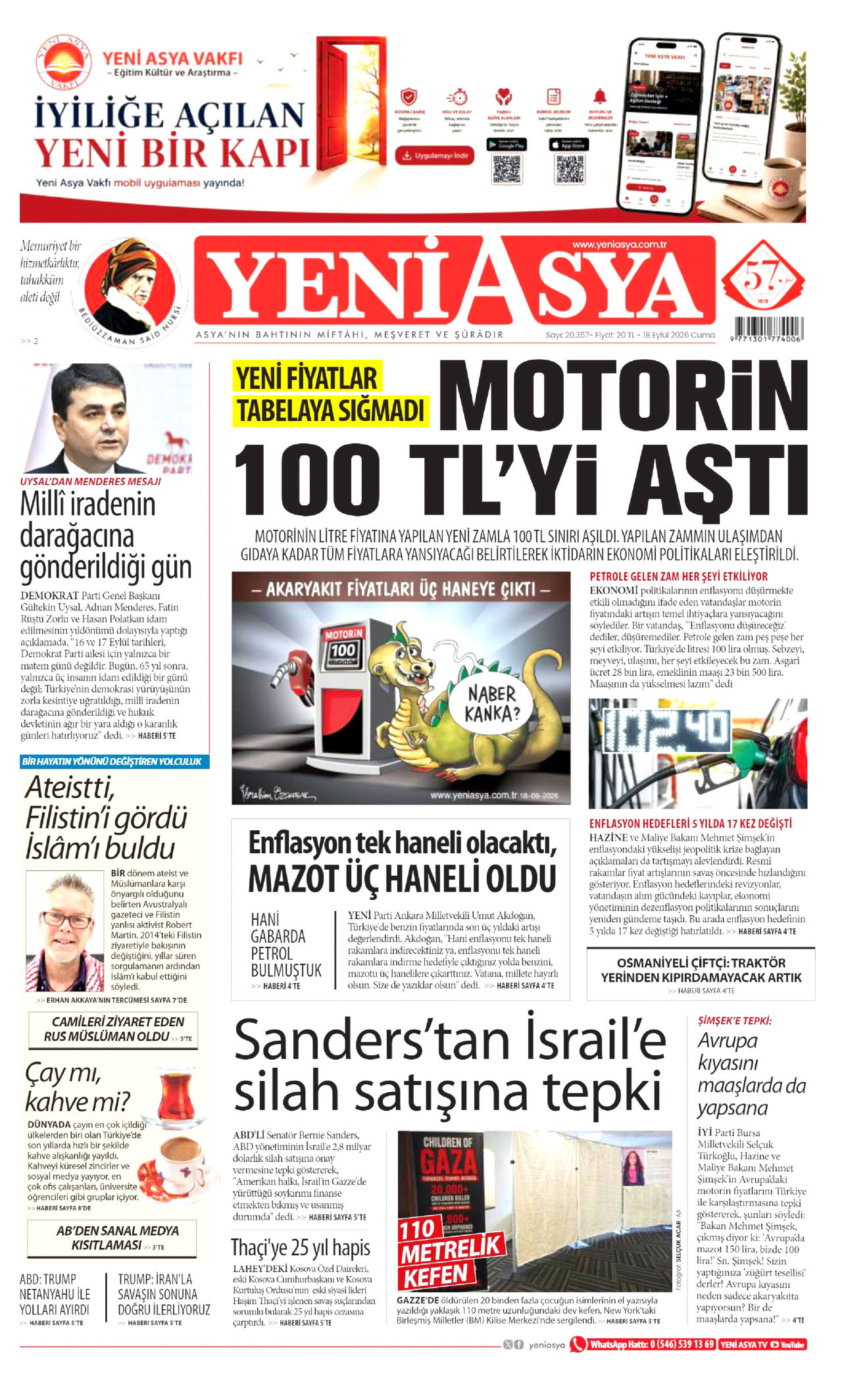YENİ ASYA gazetesinin 18 Eylül 2026 tarihli birinci sayfası
