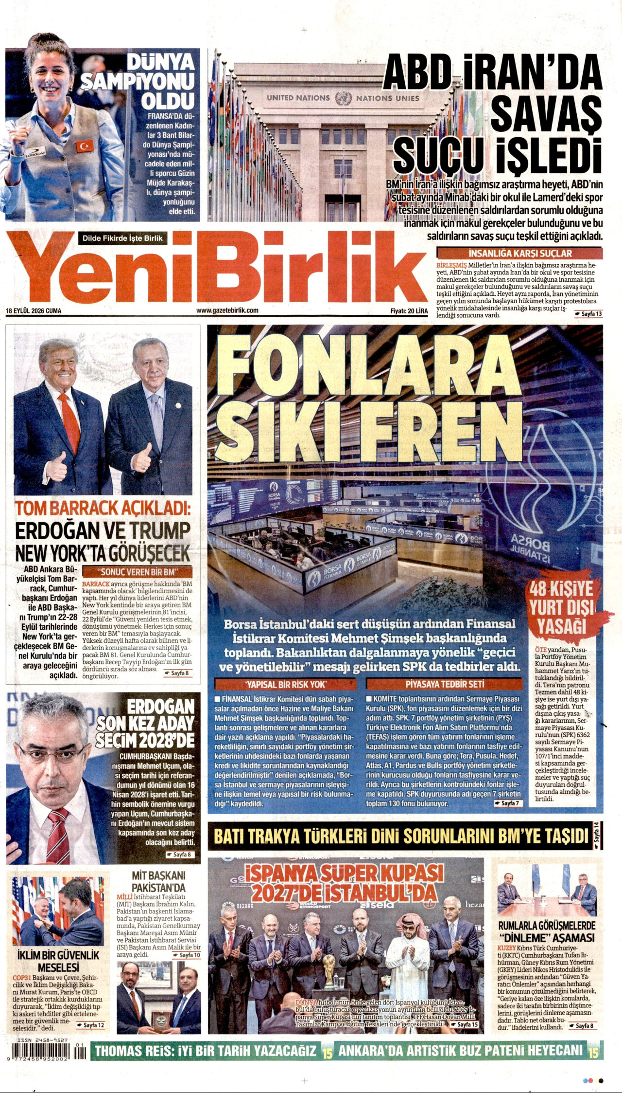 YENİBİRLİK gazetesinin 18 Eylül 2026 tarihli birinci sayfası
