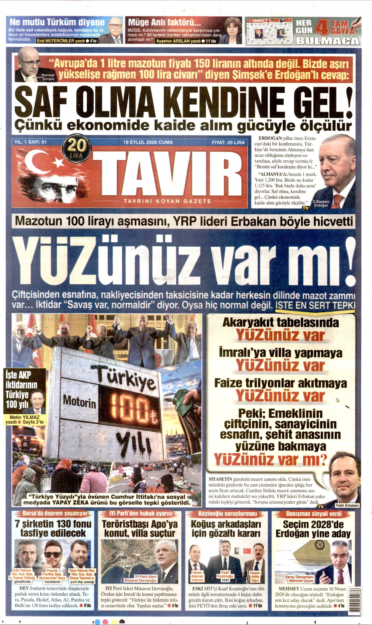 TAVIR GAZETESİ gazetesinin 18 Eylül 2026 tarihli birinci sayfası