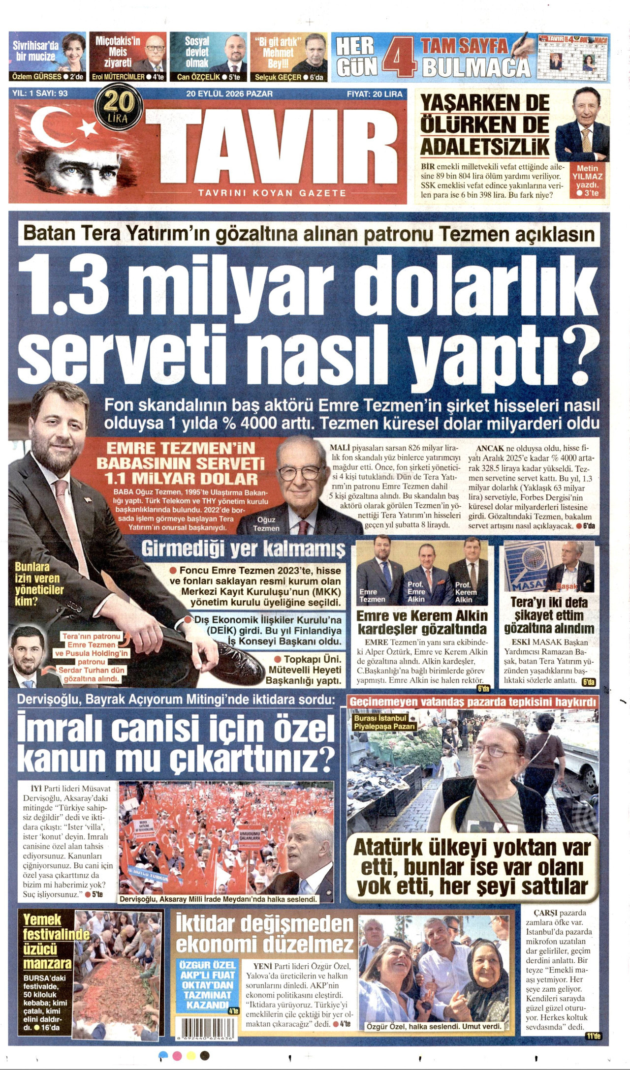 TAVIR GAZETESİ gazetesinin 20 Eylül 2026 tarihli birinci sayfası