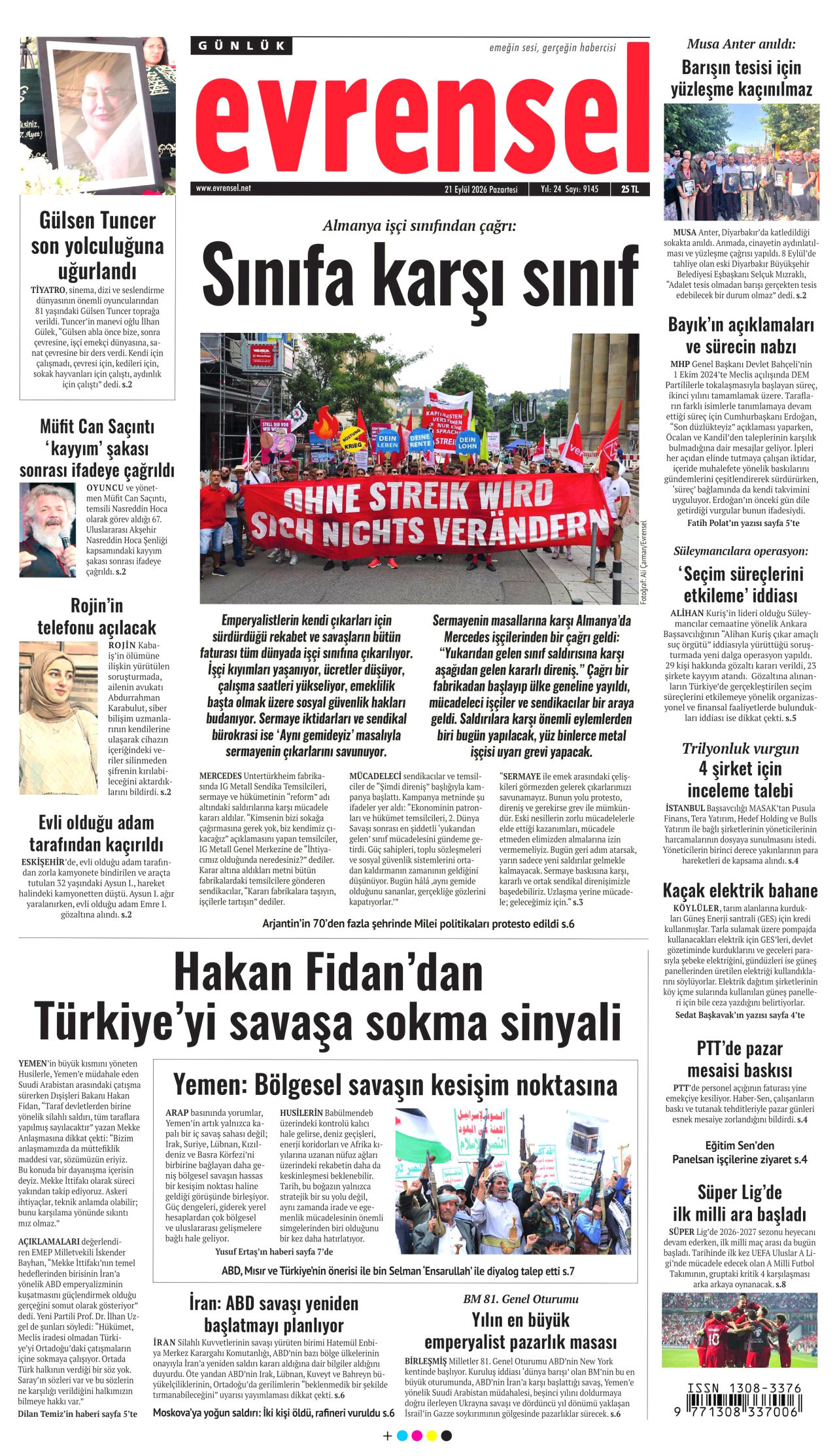 EVRENSEL gazetesinin 21 Eylül 2026 tarihli birinci sayfası