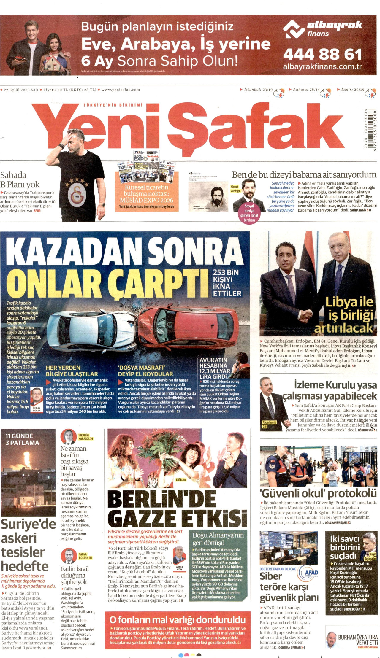 YENİ ŞAFAK gazetesinin 22 Eylül 2026 tarihli birinci sayfası