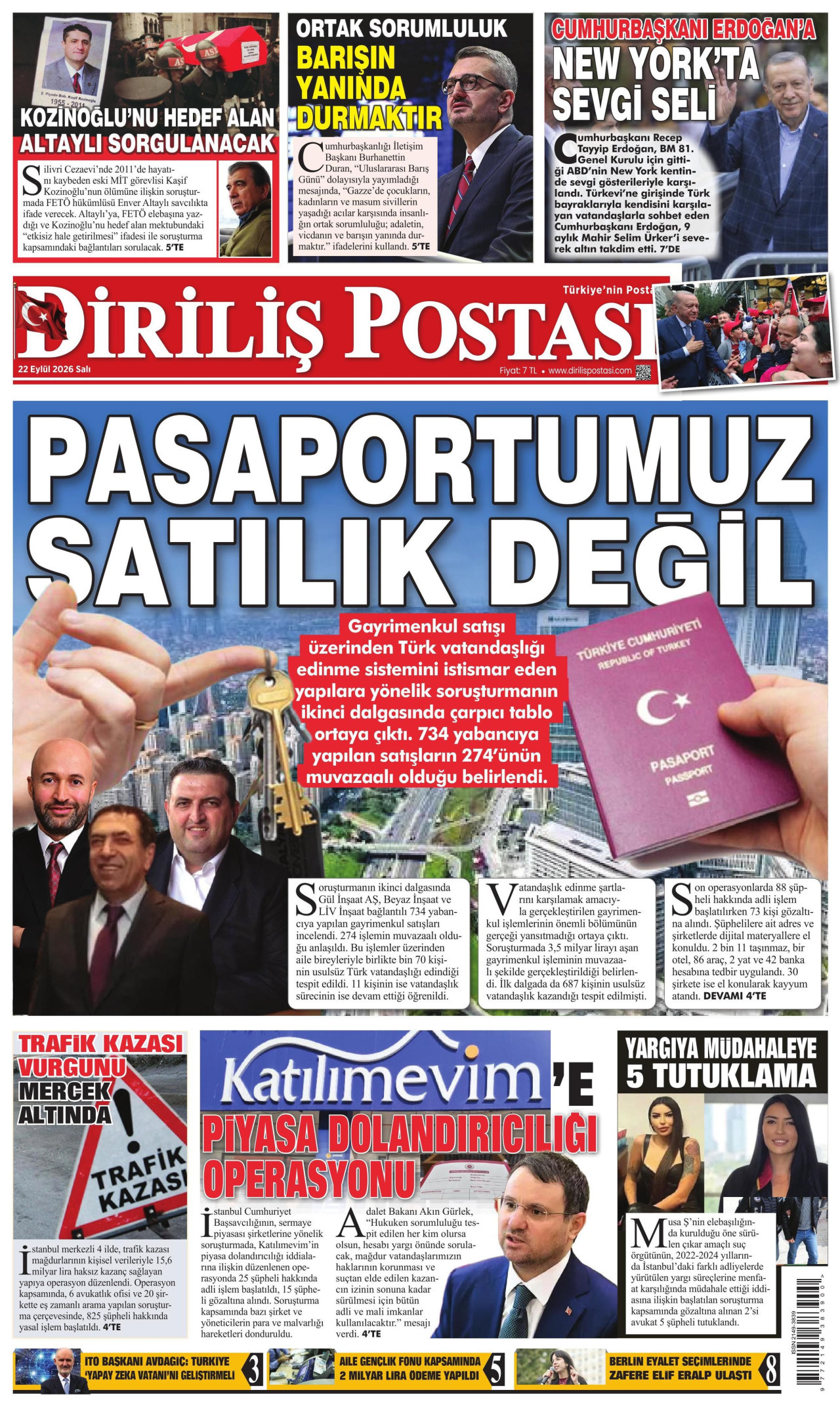 DİRİLİŞ POSTASI gazetesinin 22 Eylül 2026 tarihli birinci sayfası