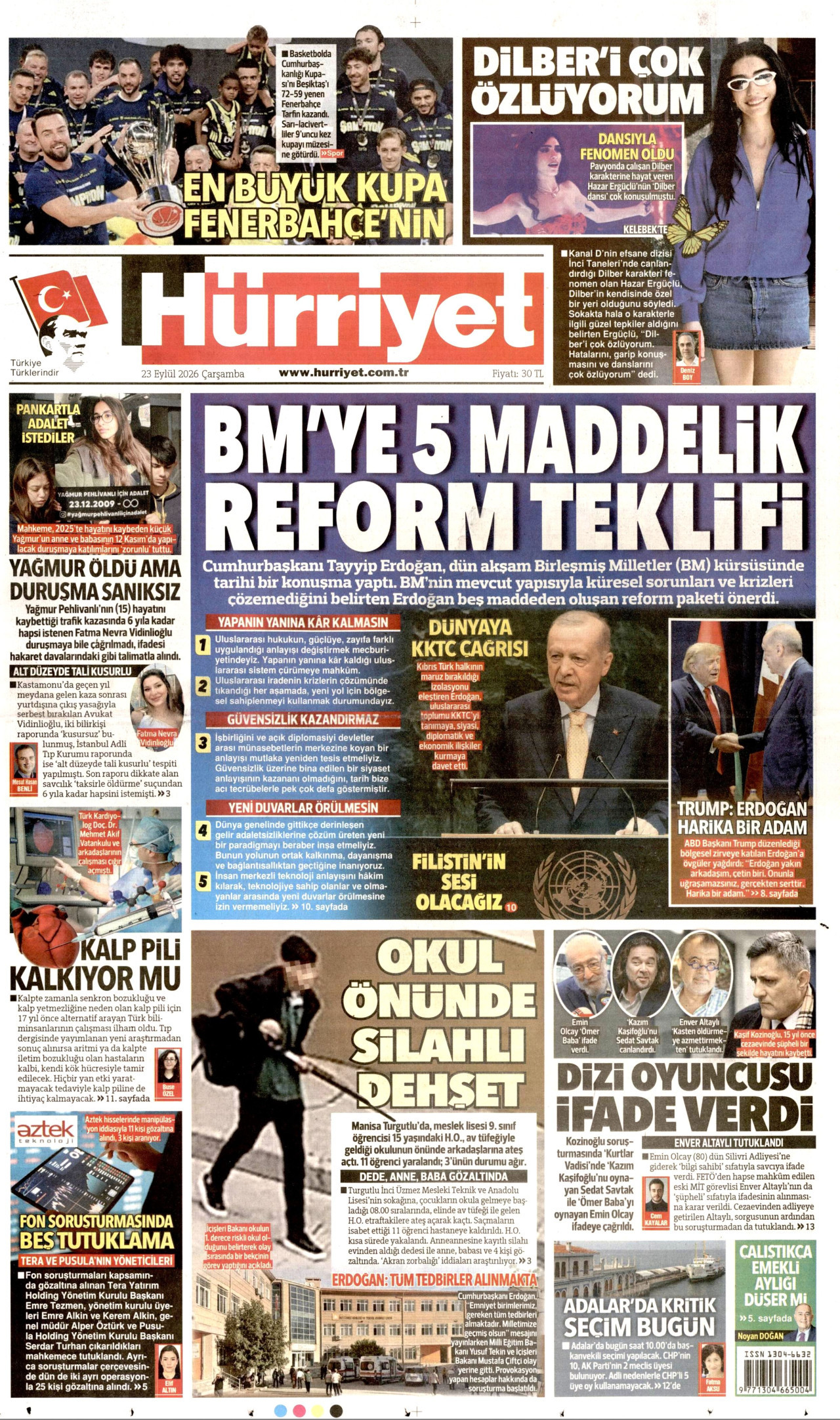 HÜRRİYET gazetesinin 23 Eylül 2026 tarihli birinci sayfası