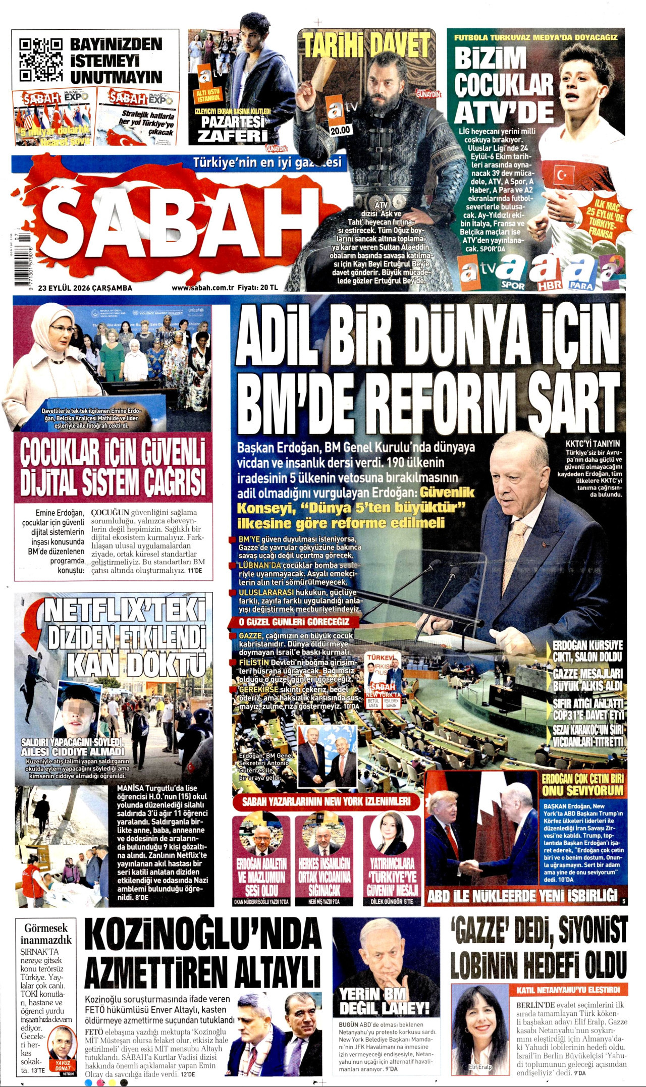 SABAH gazetesinin 23 Eylül 2026 tarihli birinci sayfası