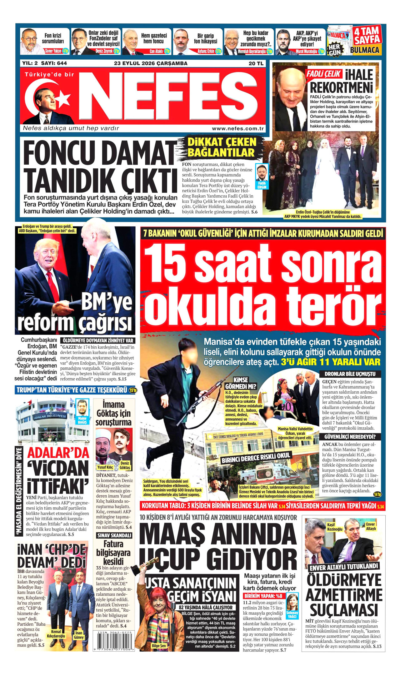 NEFES gazetesinin 23 Eylül 2026 tarihli birinci sayfası