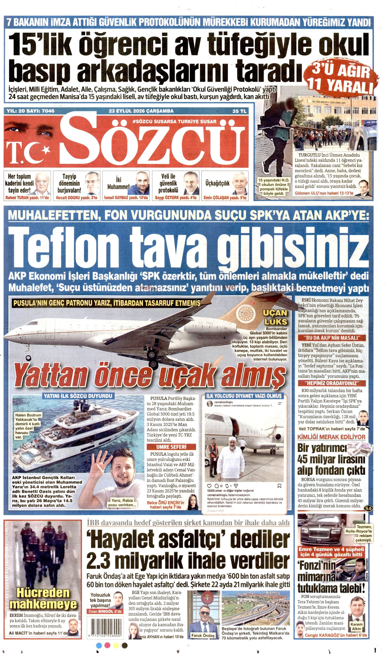 SÖZCÜ gazetesinin 23 Eylül 2026 tarihli birinci sayfası
