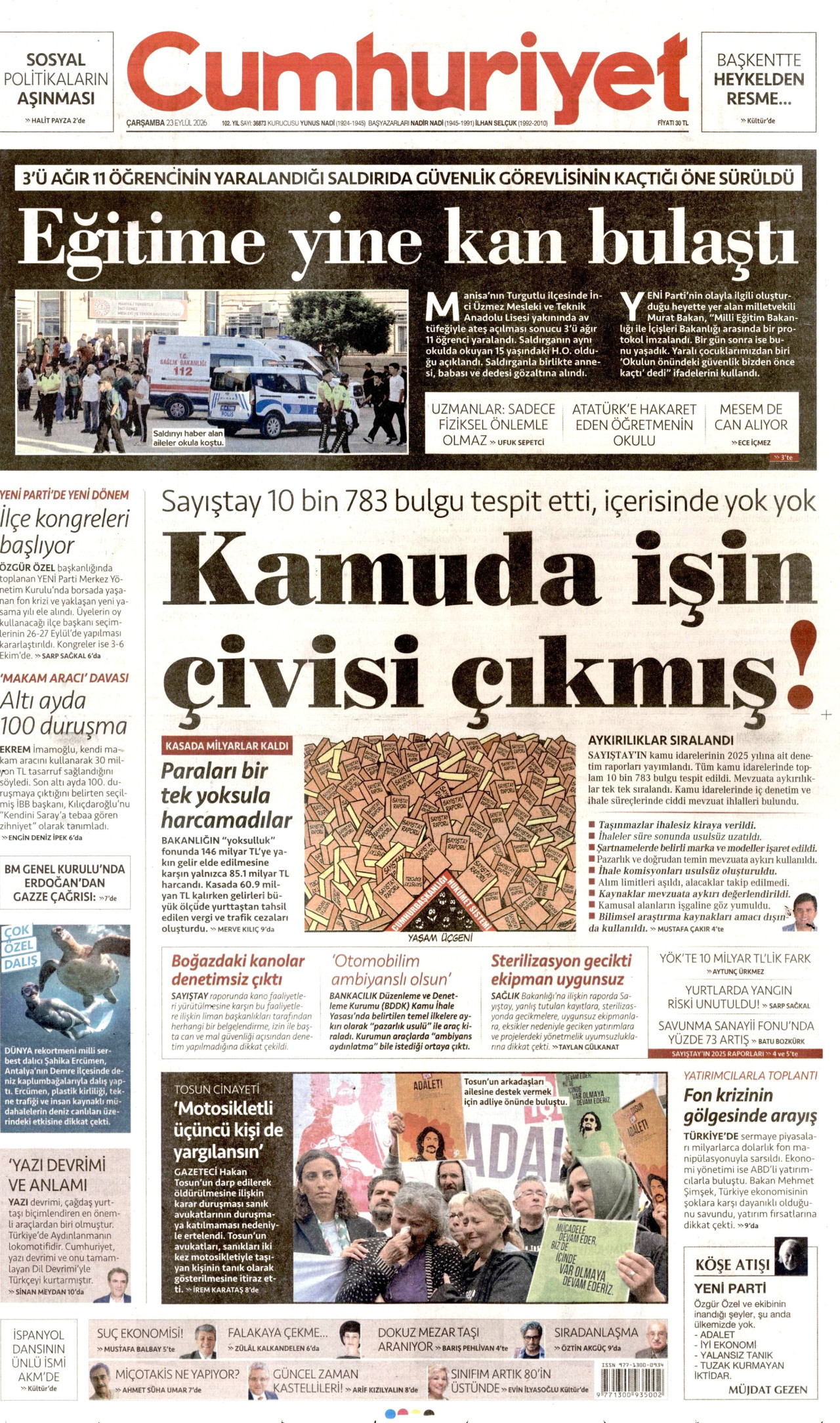 CUMHURİYET gazetesinin 23 Eylül 2026 tarihli birinci sayfası