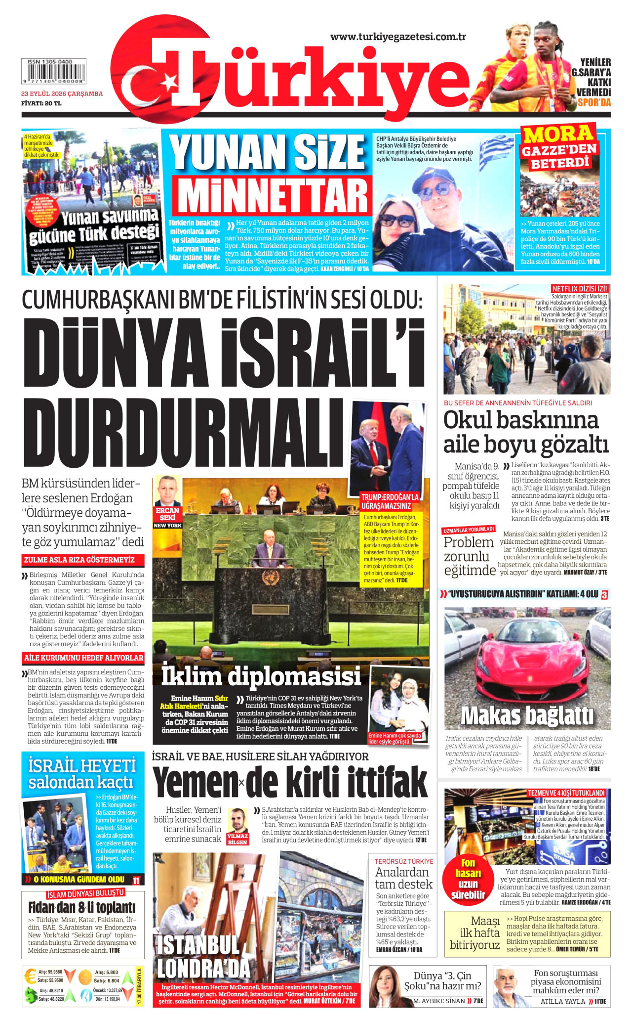 TÜRKİYE GAZETESİ gazetesinin 23 Eylül 2026 tarihli birinci sayfası