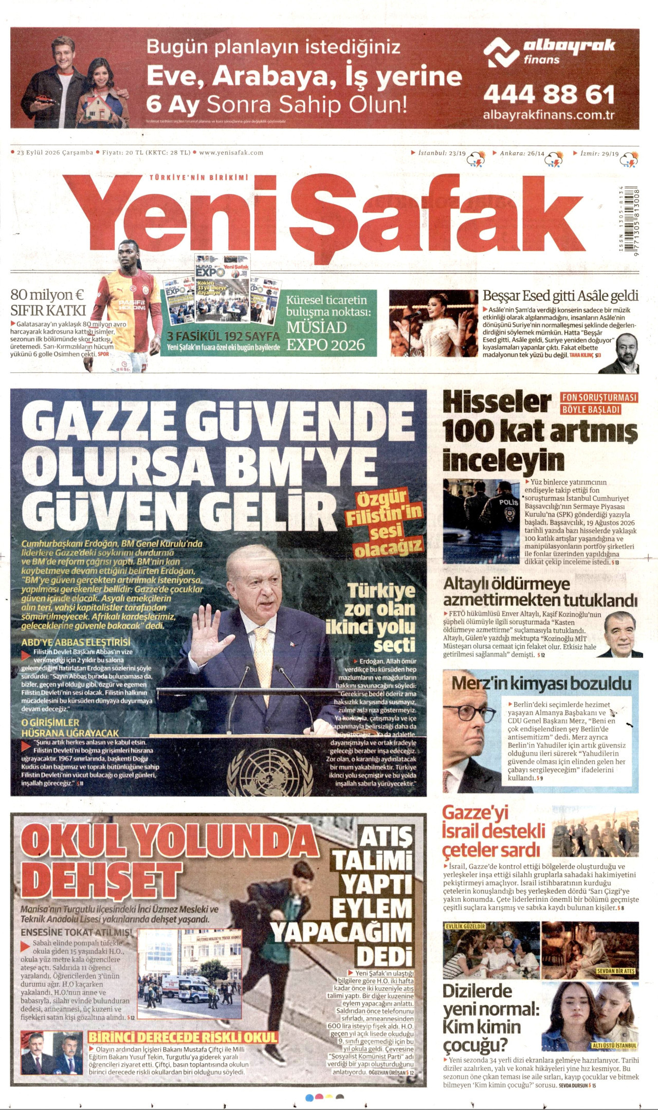 YENİ ŞAFAK gazetesinin 23 Eylül 2026 tarihli birinci sayfası