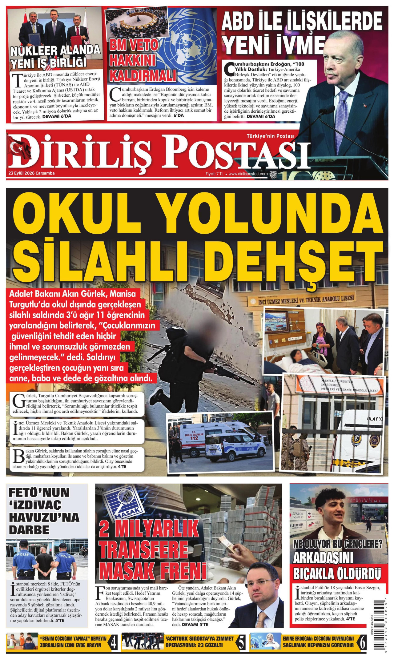 DİRİLİŞ POSTASI gazetesinin 23 Eylül 2026 tarihli birinci sayfası