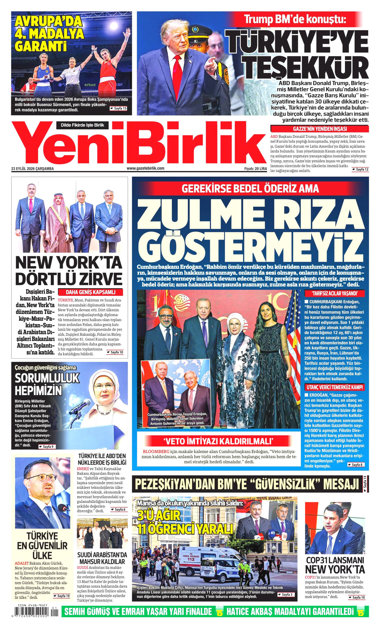 YENİBİRLİK gazetesinin 23 Eylül 2026 tarihli birinci sayfası