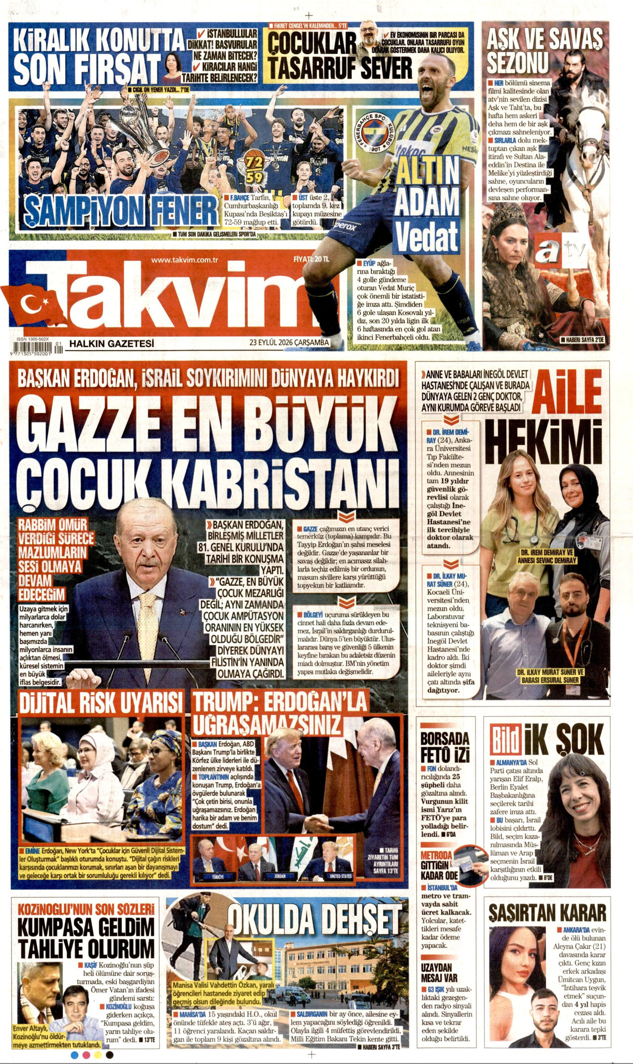 TAKVİM gazetesinin 23 Eylül 2026 tarihli birinci sayfası