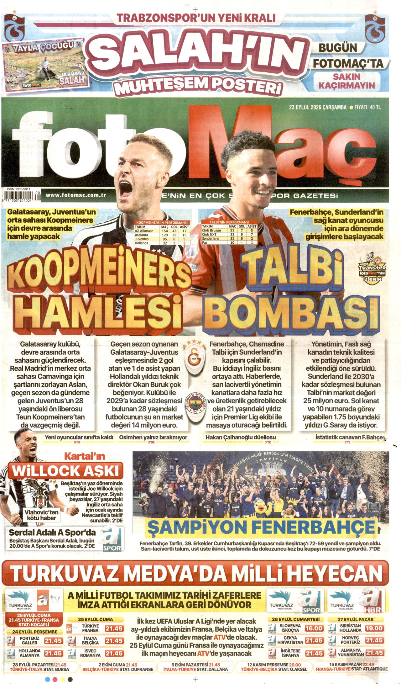 FOTOMAÇ gazetesinin 23 Eylül 2026 tarihli birinci sayfası