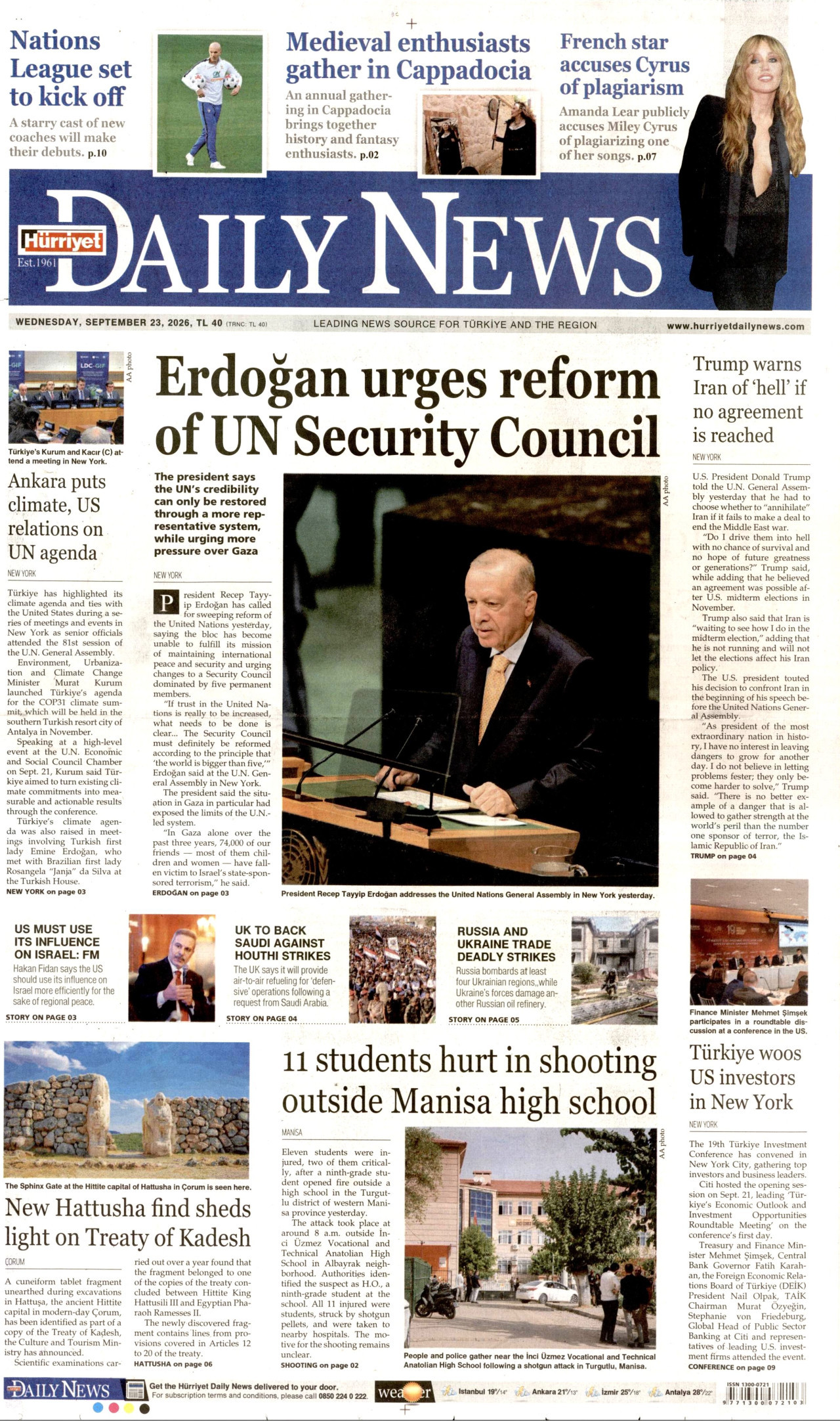 HÜRRİYET DAİLY NEWS gazetesinin 23 Eylül 2026 tarihli birinci sayfası
