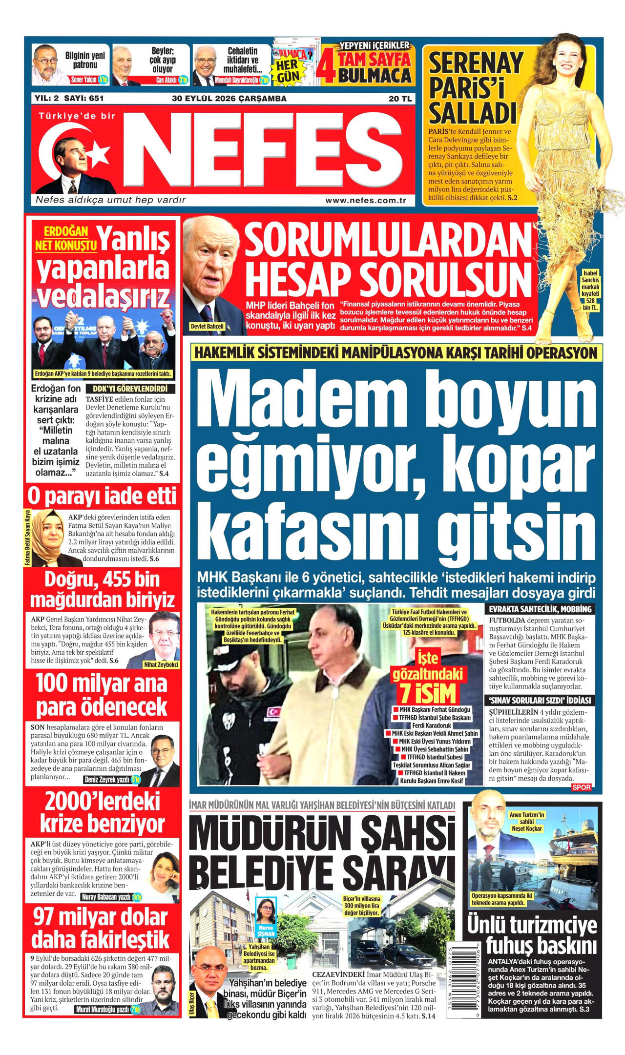 NEFES gazetesinin 30 Eylül 2026 tarihli birinci sayfası