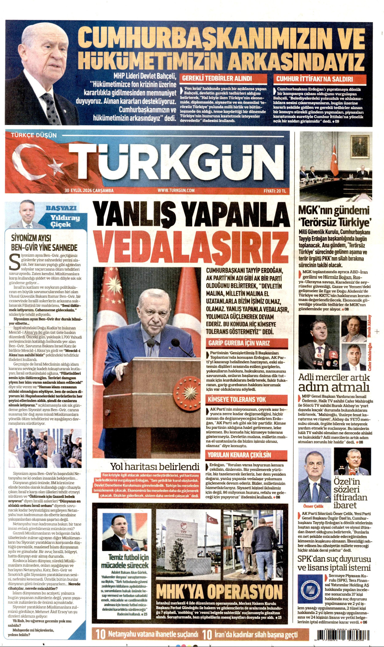 TÜRKGÜN gazetesinin 30 Eylül 2026 tarihli birinci sayfası