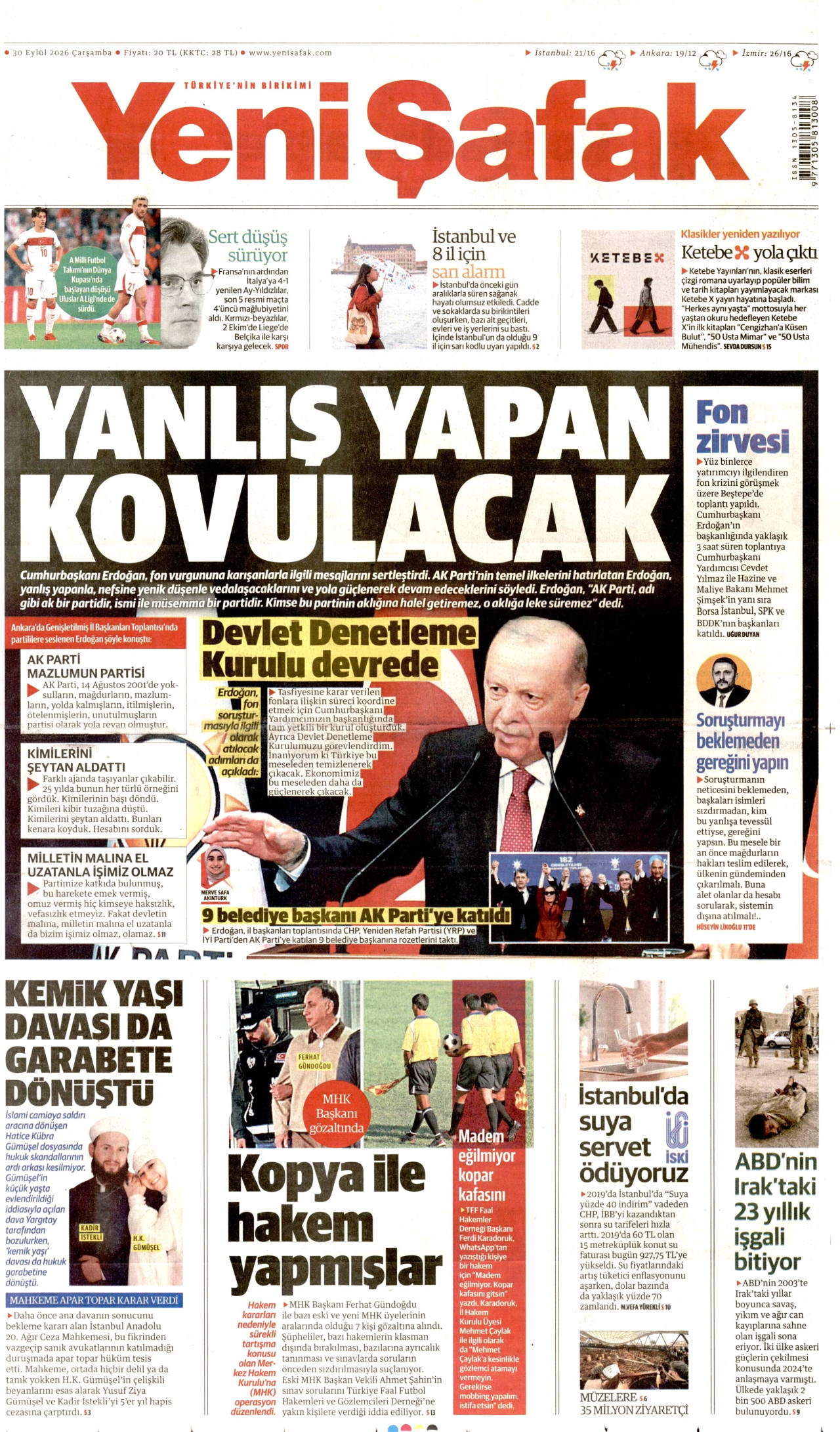 YENİ ŞAFAK gazetesinin 30 Eylül 2026 tarihli birinci sayfası