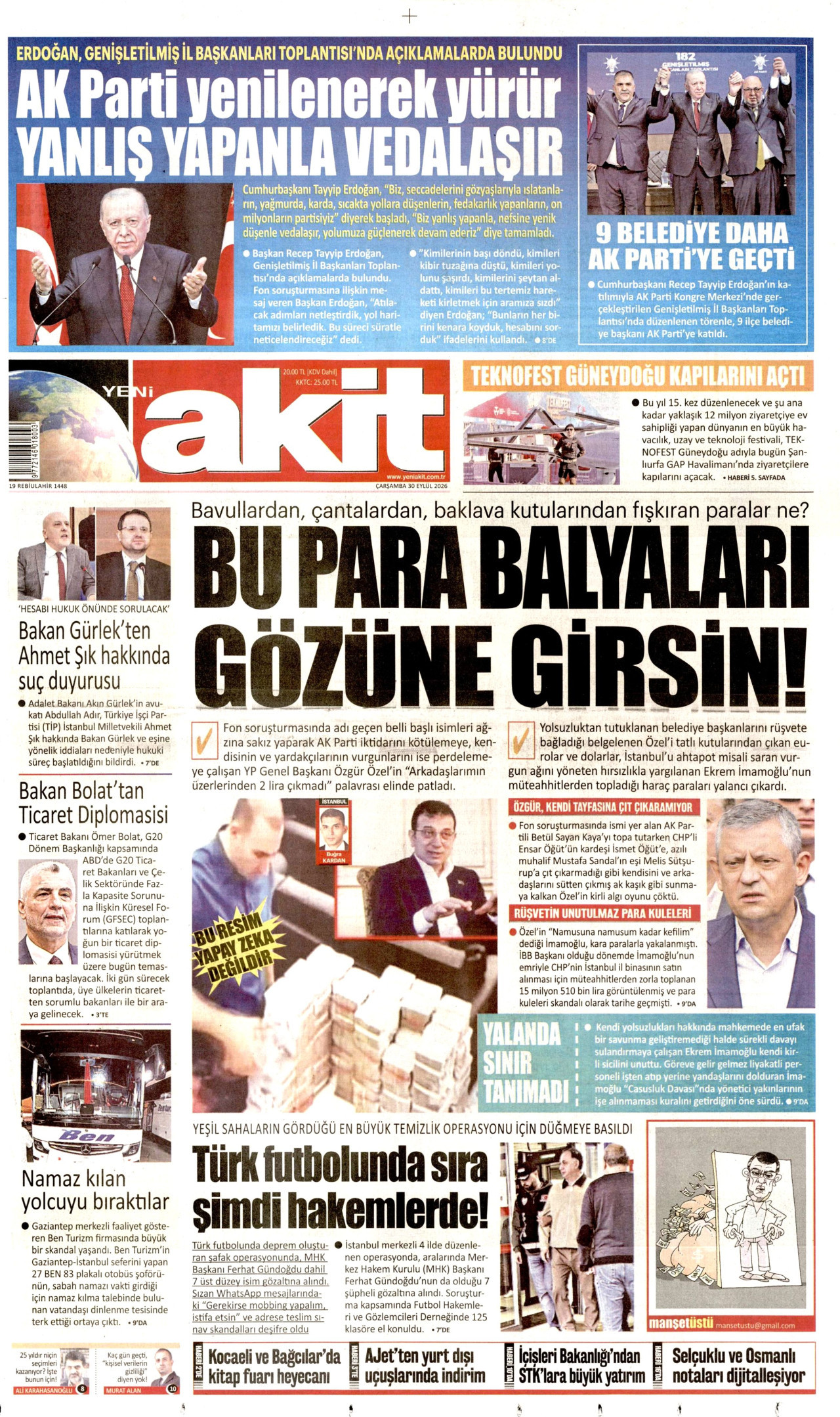YENİ AKİT gazetesinin 30 Eylül 2026 tarihli birinci sayfası