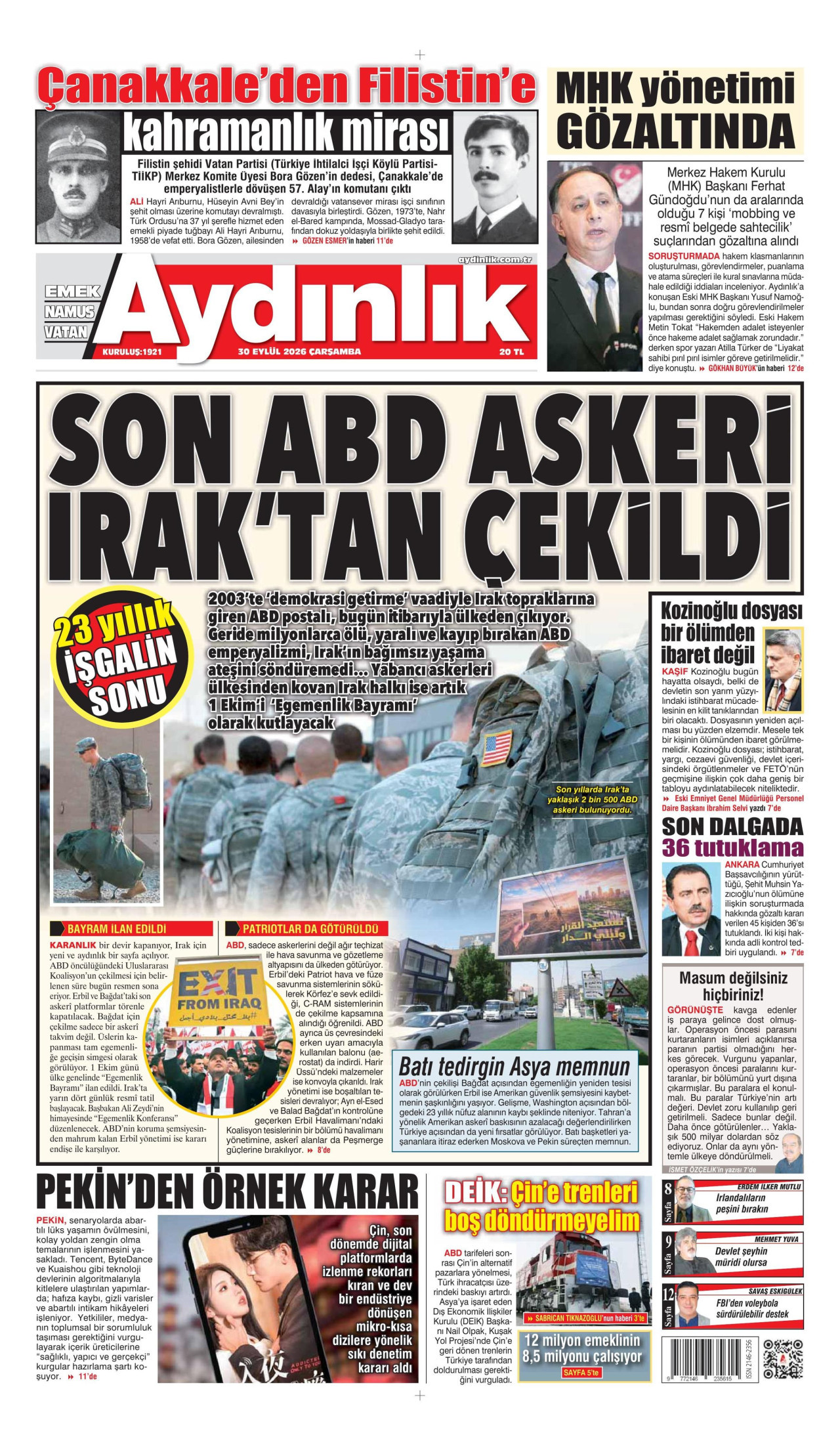 AYDINLIK GAZETESİ gazetesinin 30 Eylül 2026 tarihli birinci sayfası