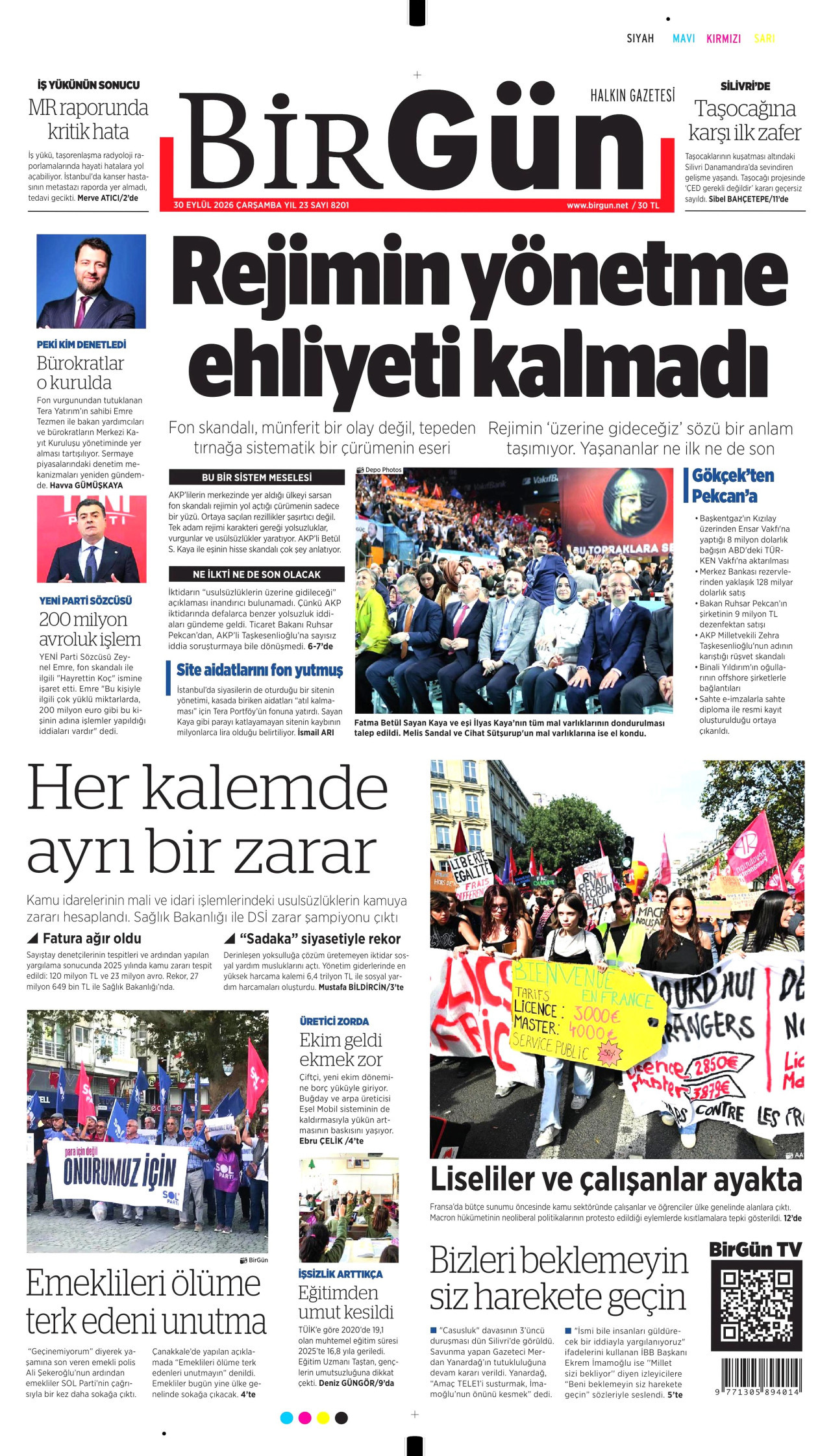 BİRGÜN gazetesinin 30 Eylül 2026 tarihli birinci sayfası