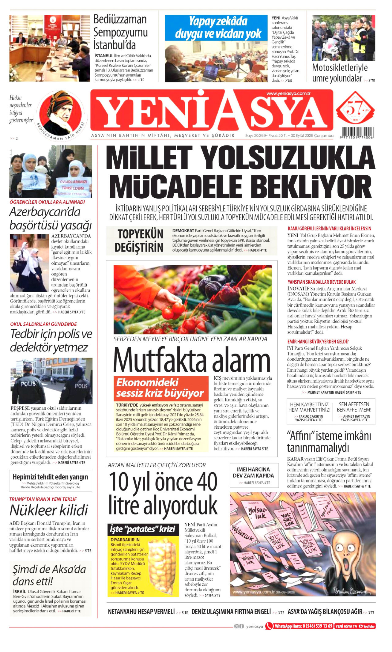 YENİ ASYA gazetesinin 30 Eylül 2026 tarihli birinci sayfası