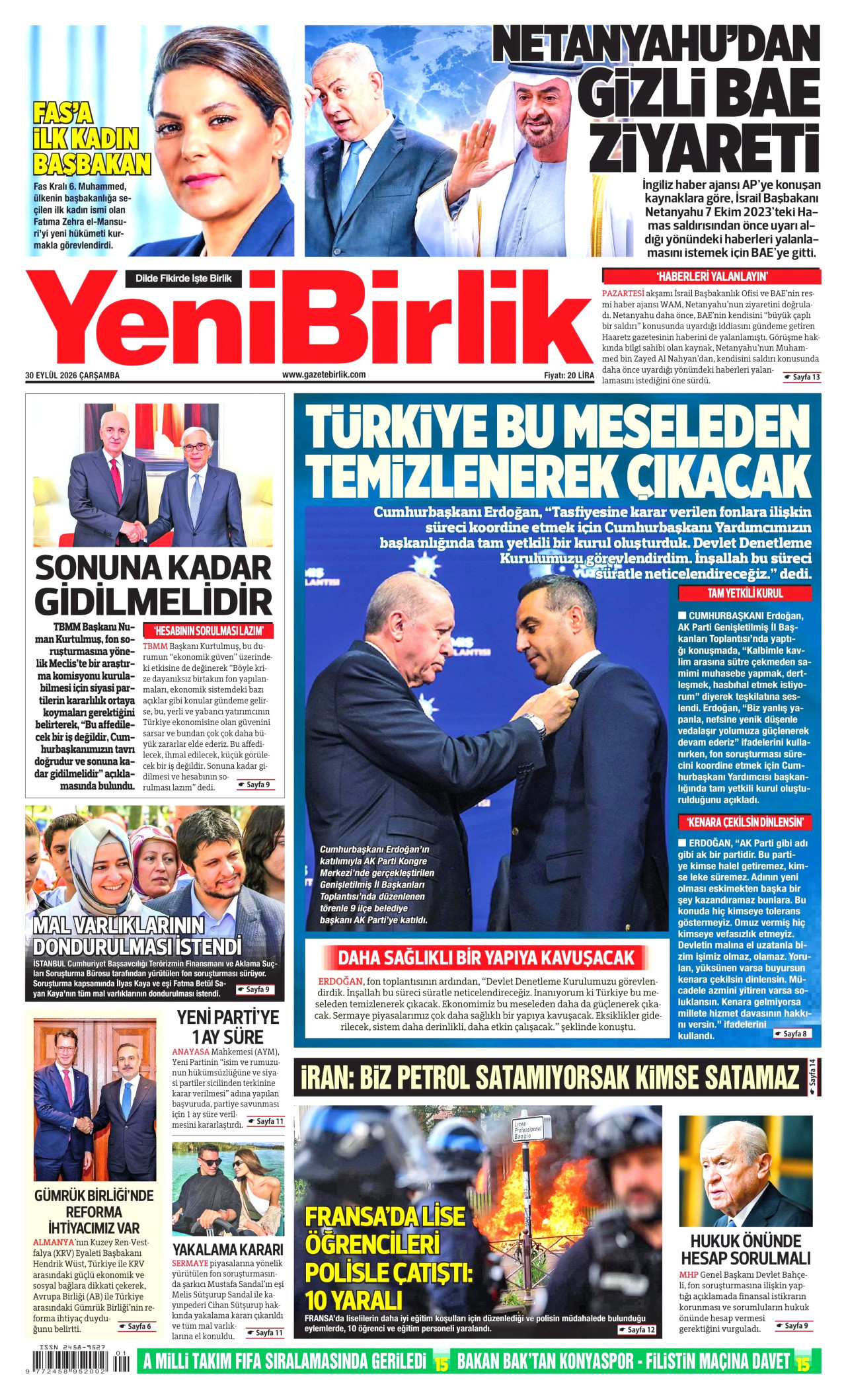 YENİBİRLİK gazetesinin 30 Eylül 2026 tarihli birinci sayfası