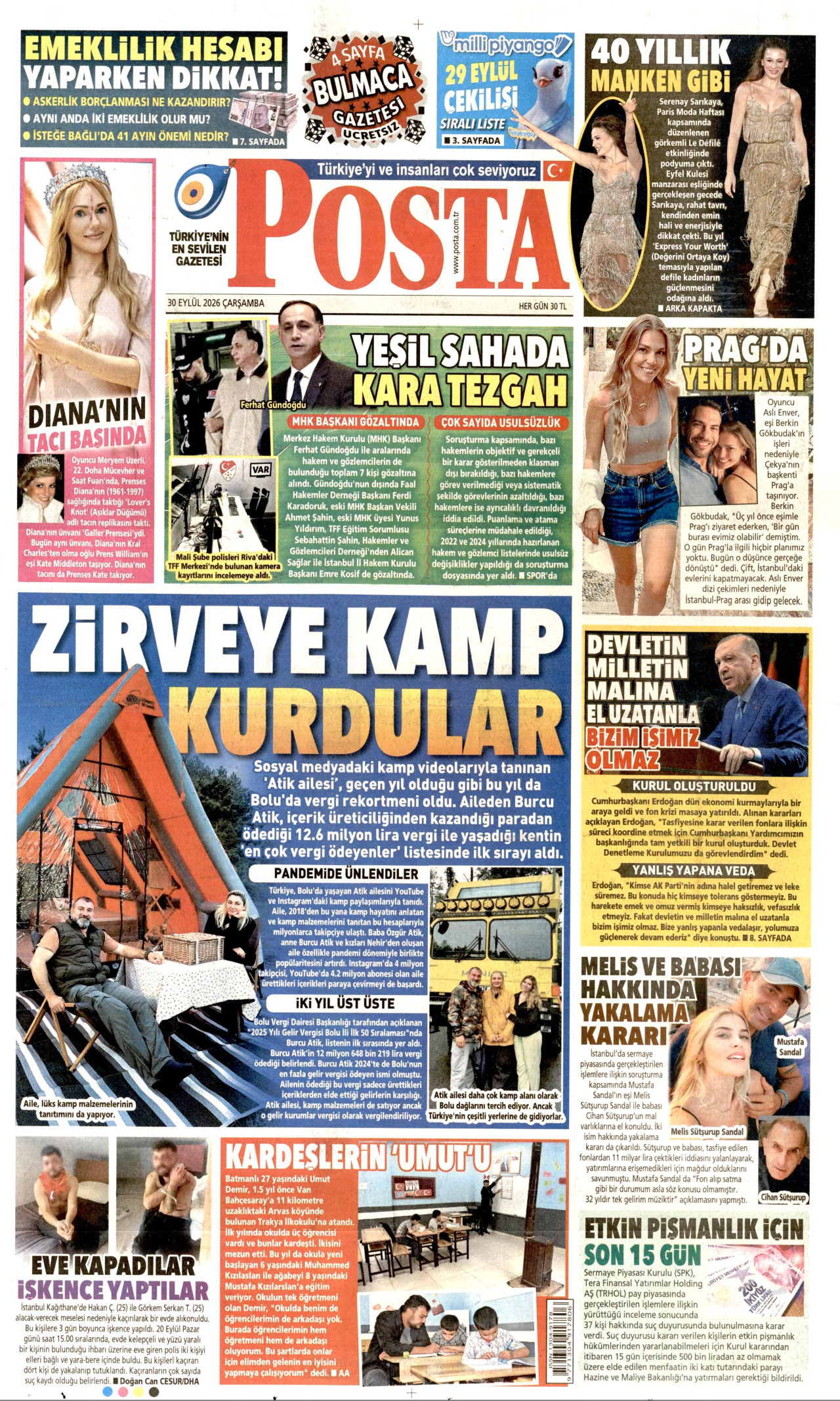 POSTA gazetesinin 30 Eylül 2026 tarihli birinci sayfası