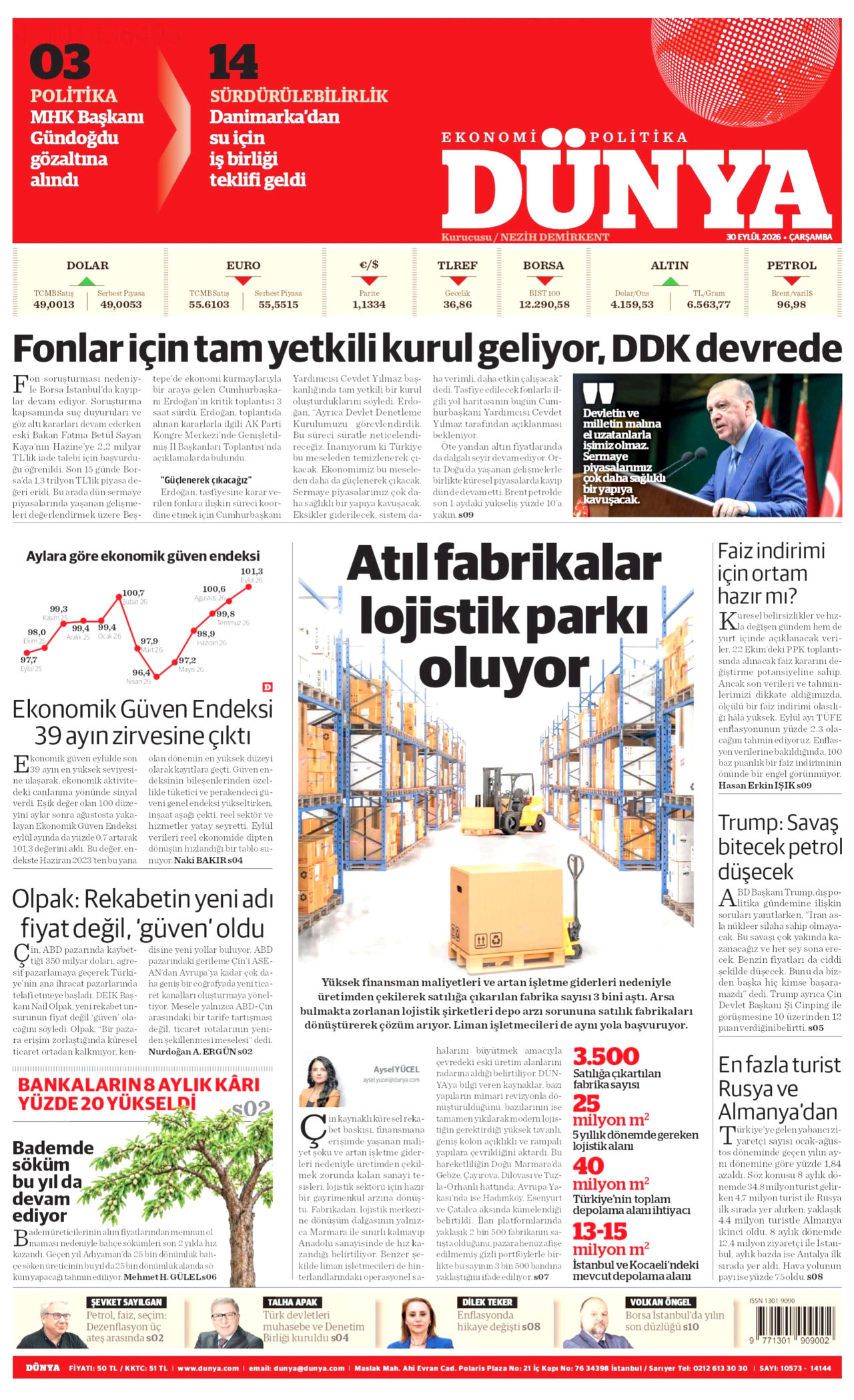 DÜNYA gazetesinin 30 Eylül 2026 tarihli birinci sayfası