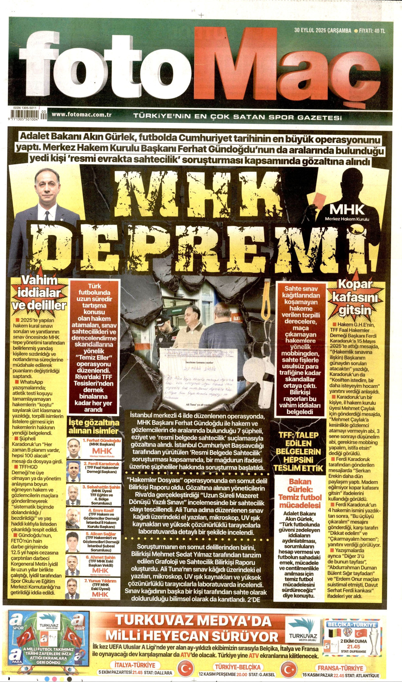 FOTOMAÇ gazetesinin 30 Eylül 2026 tarihli birinci sayfası
