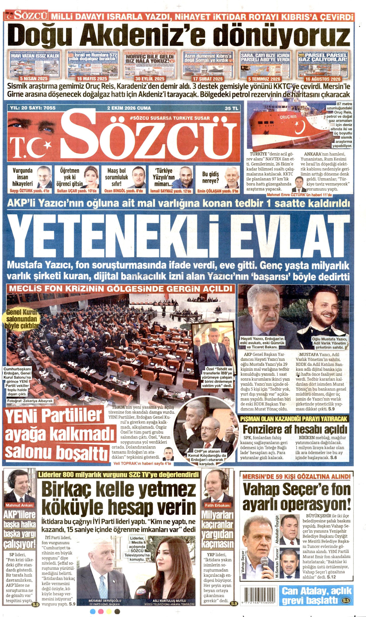 SÖZCÜ gazetesinin 2 Ekim 2026 tarihli birinci sayfası