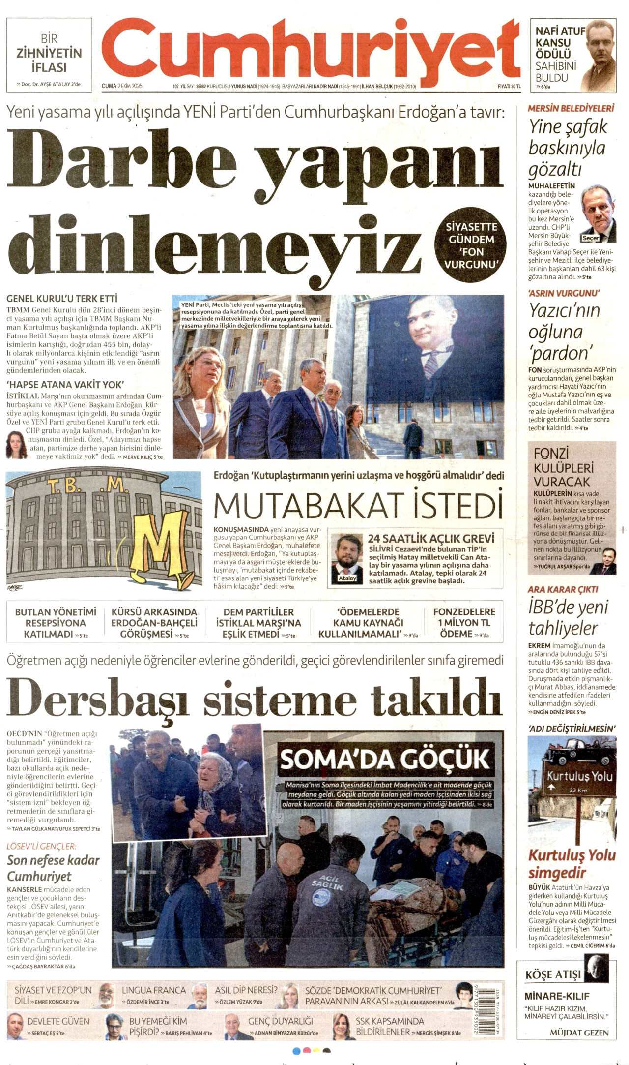CUMHURİYET gazetesinin 2 Ekim 2026 tarihli birinci sayfası