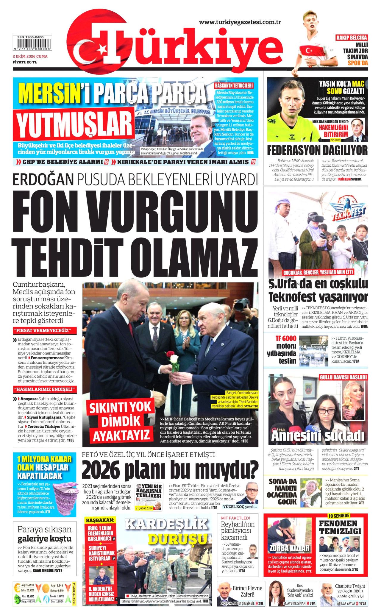 TÜRKİYE GAZETESİ gazetesinin 2 Ekim 2026 tarihli birinci sayfası