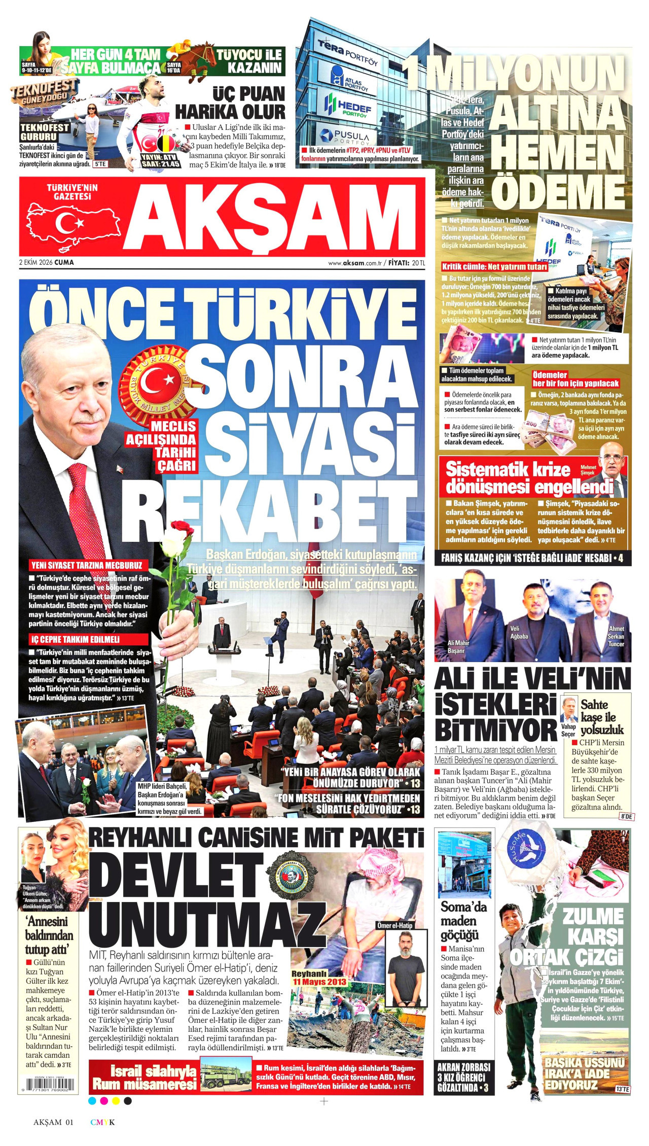 AKŞAM gazetesinin 2 Ekim 2026 tarihli birinci sayfası
